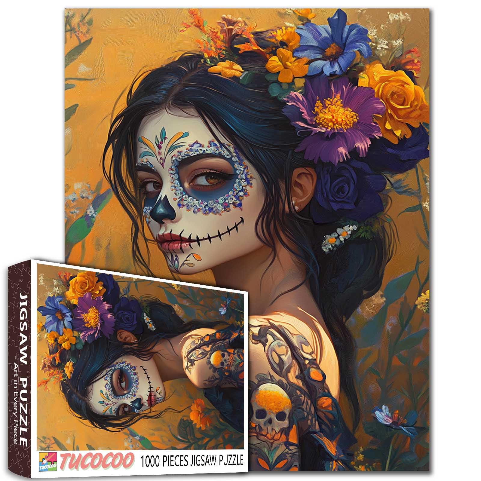 Day of The Dead Jigsaw Puzzle for Adults 1000 Pieces Sugar Skull Woman Art 20×27 Inches Mexican Festival Floral Makeup Fantasy Scenery Puzzles for Students Unique Gift Room Wall Decor Relaxing Game — image 1