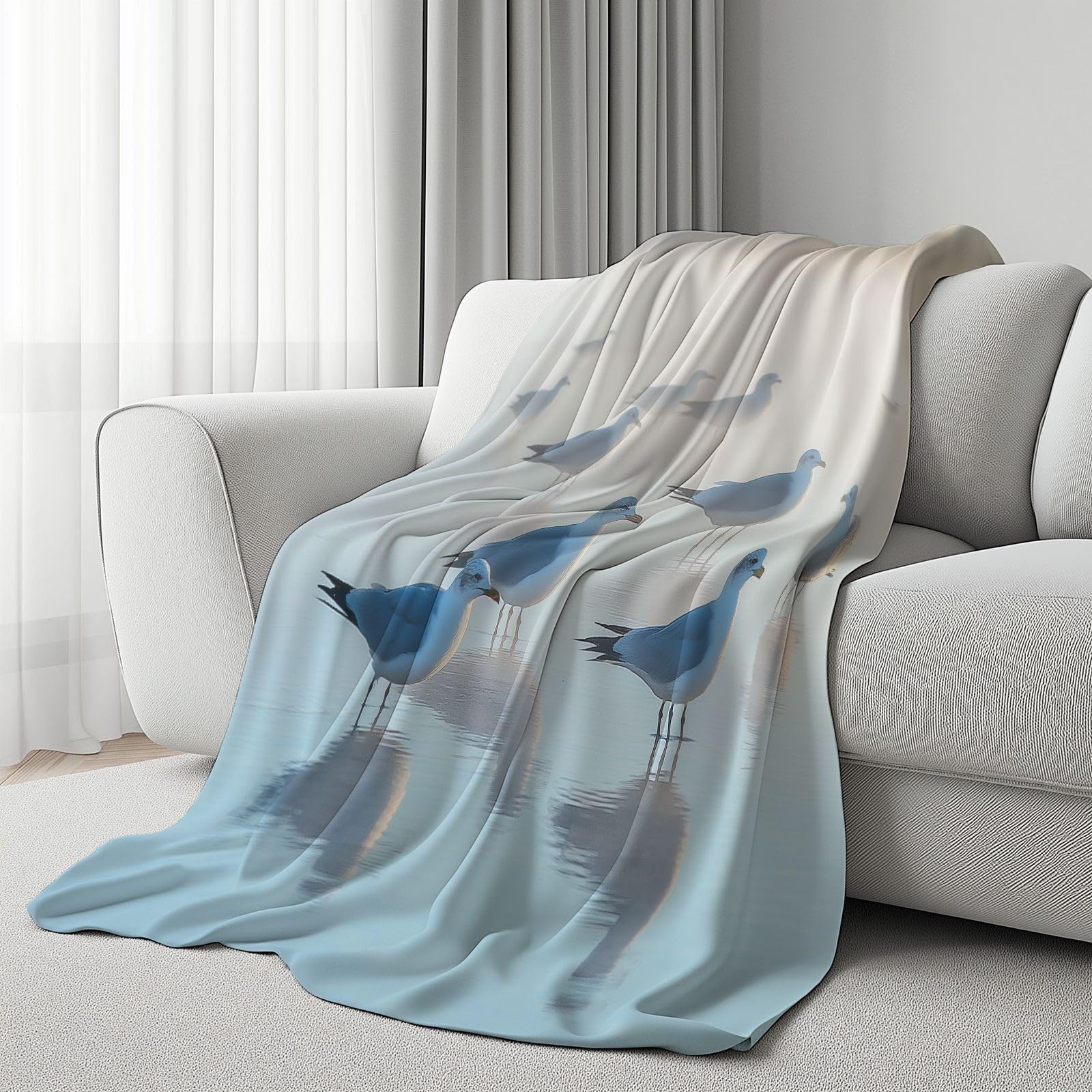 Coastal Seagull Lightweight Travel Blanket, Soft Plush Nautical Bird Flannel Throw for Camping, Portable Fuzzy Scenery Ocean Kids Blanket for Couch Sofa, for Adults 130x150 cm