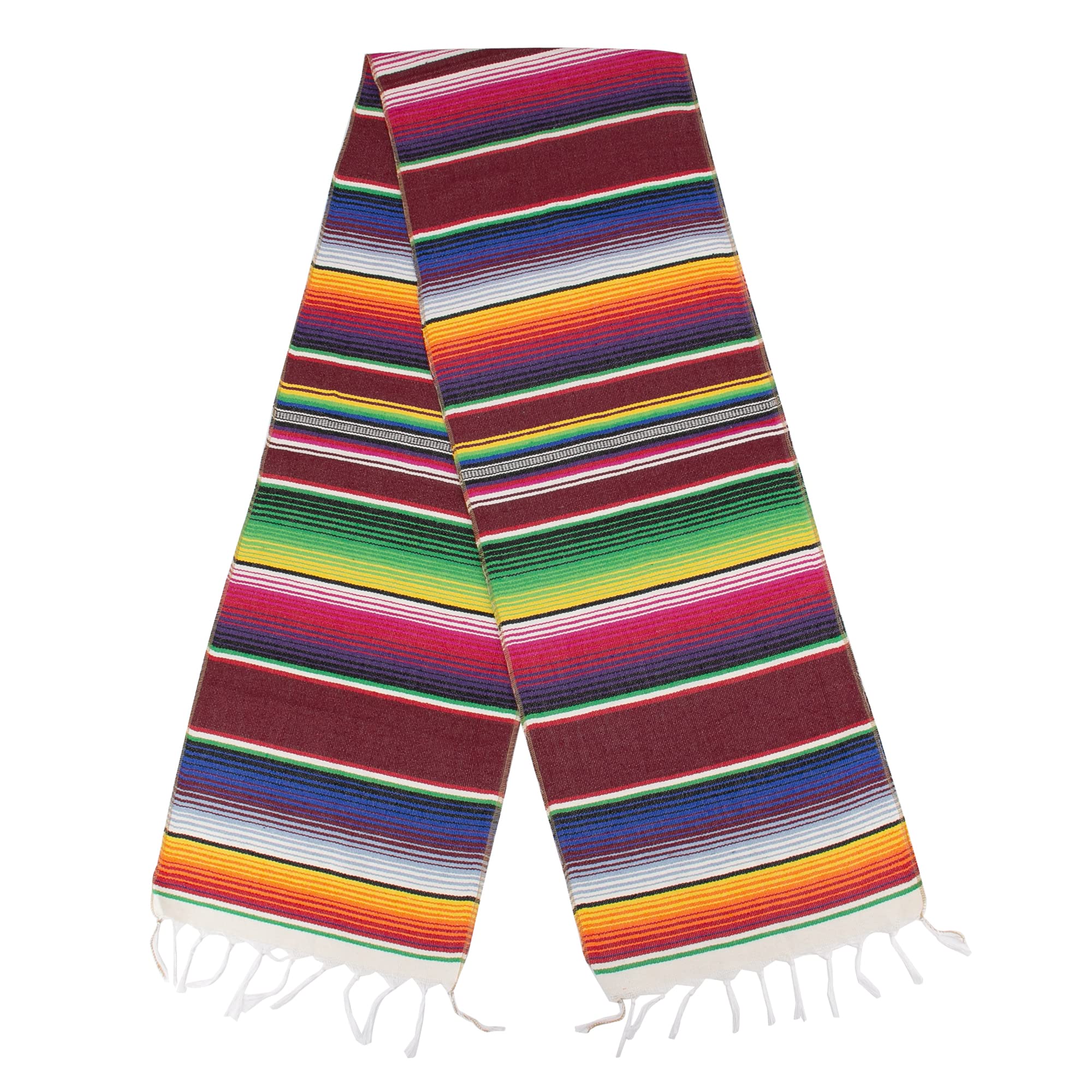 Time to Sparkle Mexican Serape Table Runner 14 x 84 Inches for Mexican Fiesta Decorations Wedding Outdoor Picnics Dining Table Hand Woven Cotton Table Runner with Fringe Burgundy