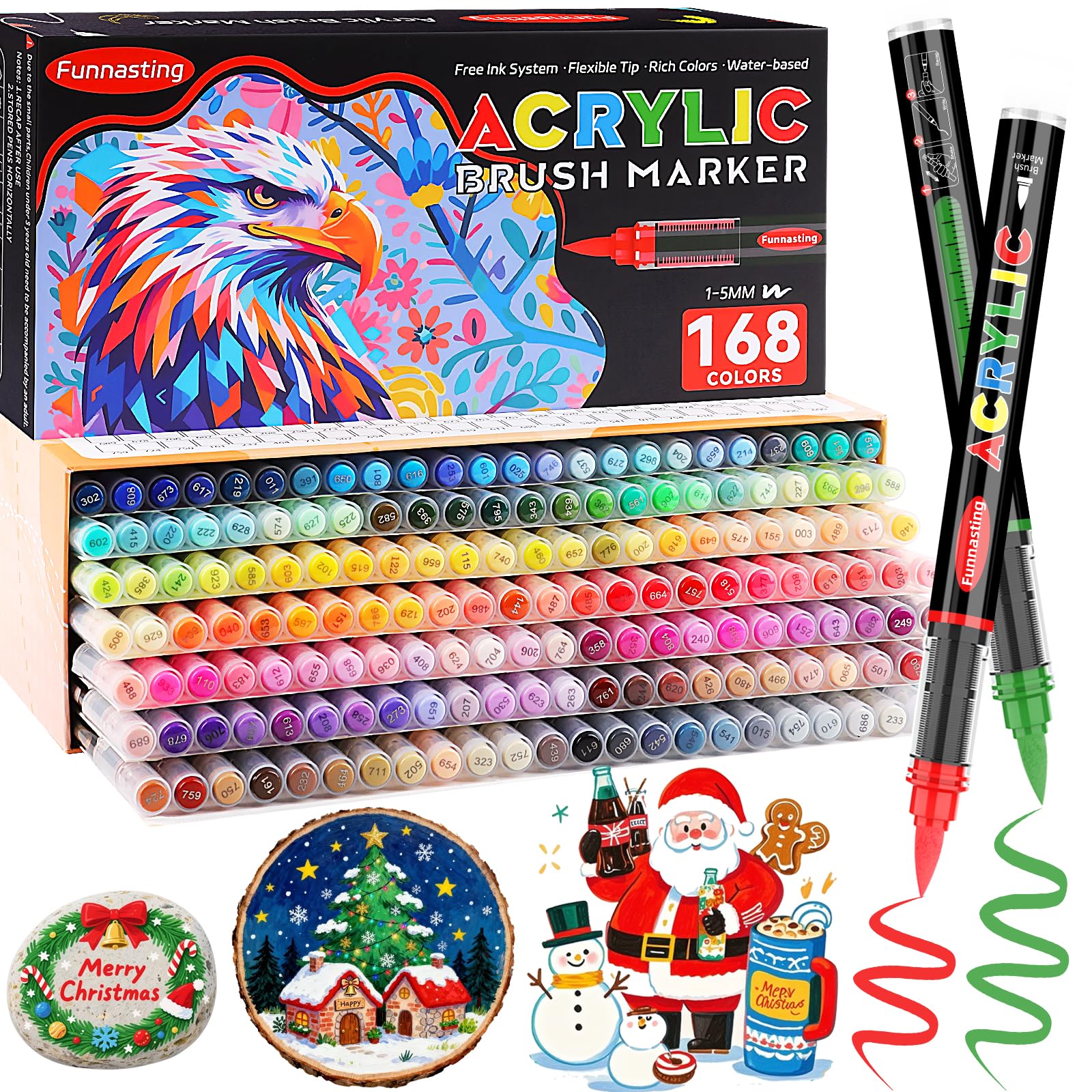 Funnasting 168 Color Rotuladores Acrilicos, Cabeza de Cepillo Suave Rotulador Acrilico, Marcadores Acrílicos de 1 a 6 mm para piedras, resistentes al agua, colorear, vidrio, tela