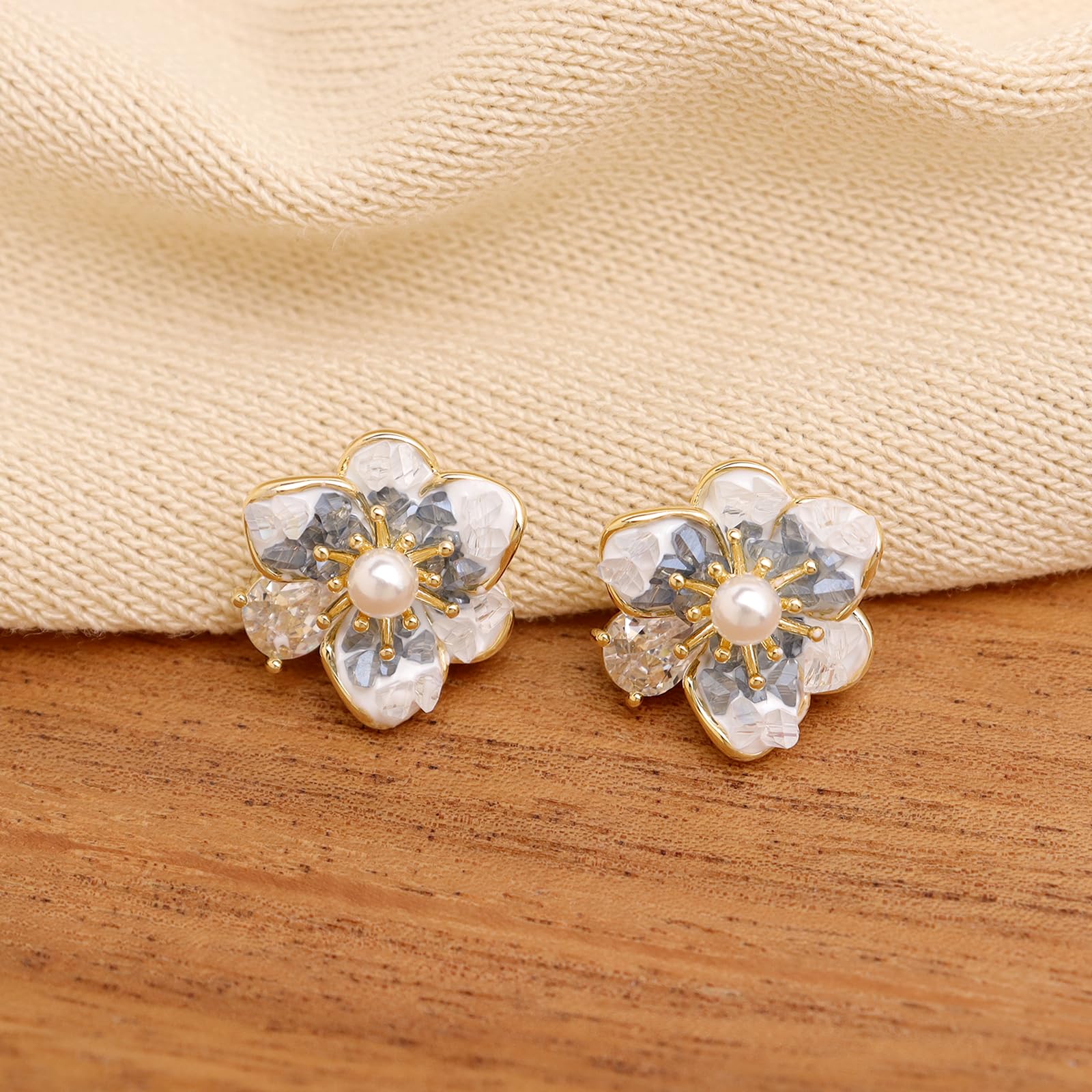 Jean Beau Pearl Flower Leaf Stud Earrings for Women Statement Cluster CZ Pearls Earring Gold Plated Sterling Silver Wedding Prom Birthday Fashion Jewelry Gift