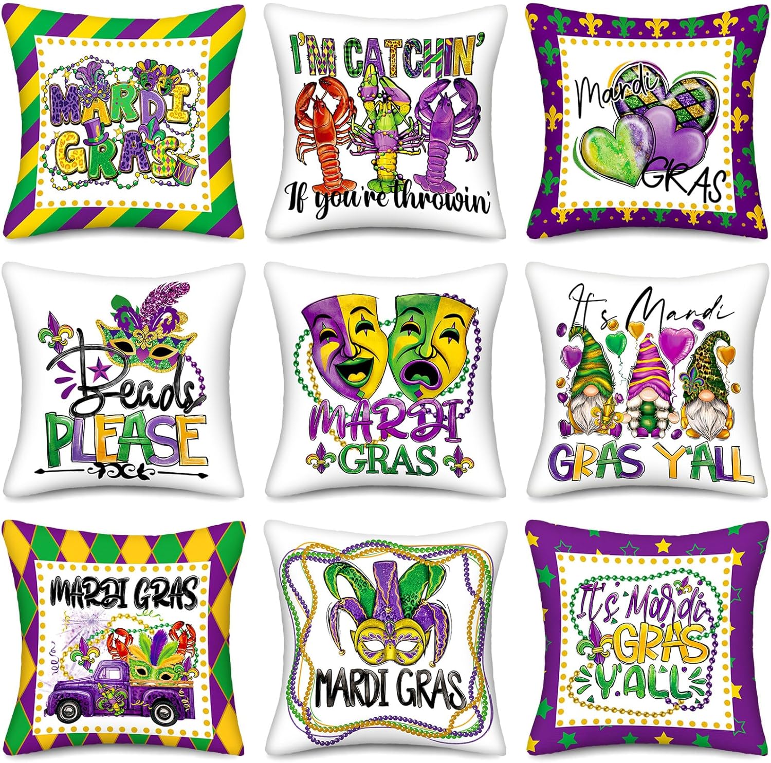 Mindsoft 9 Pcs Mardi Gras Pillow Covers 18 x 18 Throw Pillow Covers Happy Mardi Gras Decorations Mask Feather Decorative Pillowcase for Home Couch Sofa