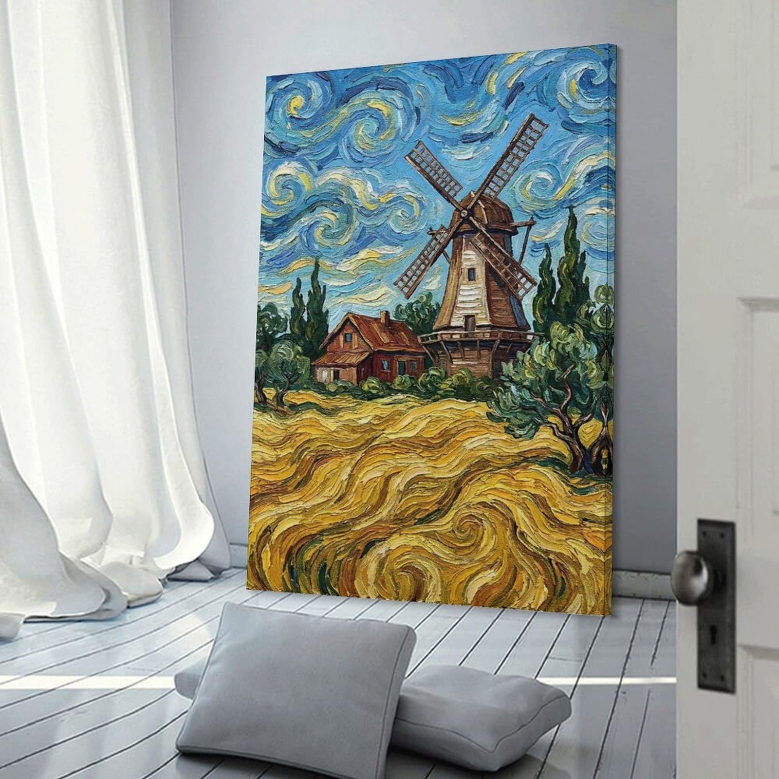 Junmoney Windmill And House in Field Painting Home Decor Wall Art, 20x30inch(50x75cm), for Apartment Walls, Studios Or Work Areas, Wall Decor with Flexible Room Appeal