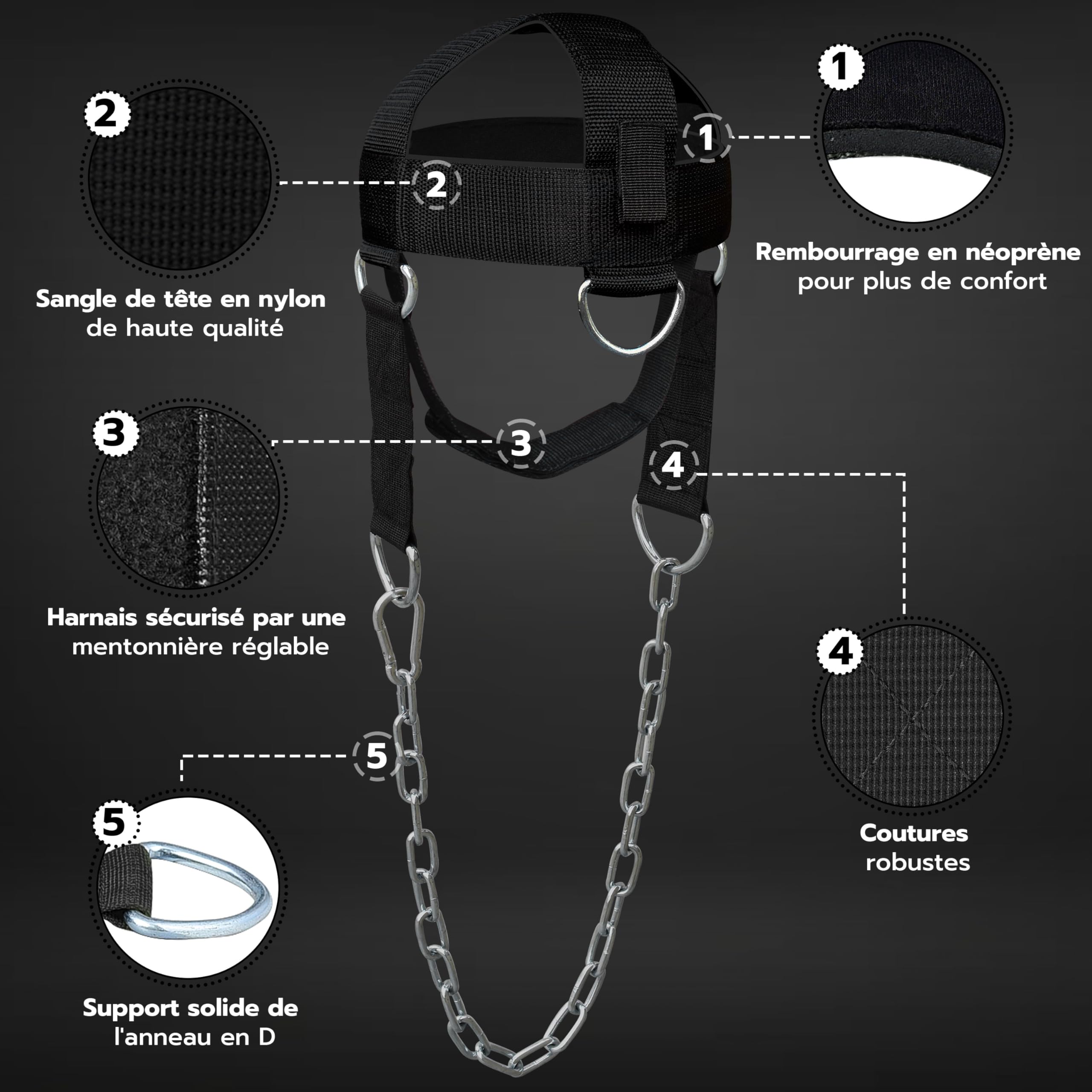 AQF Harnais Réglable Pour La Tête, Ceinture De Musculation Pour Le Cou Avec Fixation Par Anneau En D Et Chaîne En Acier, Pour La Musculation, Le Fitness, L'haltérophilie, Taille Unique