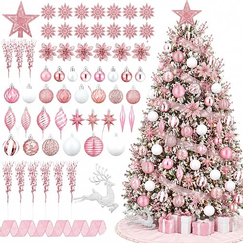 CroBlissful 118 Pcs Christmas Tree Ornaments Set Including Ornaments Balls, Mesh Ribbon,Hanging Snowflakes Icicle, Tree Top Star, Flower, Berries Stems for Xmas Trees Holiday Decor(Pink)