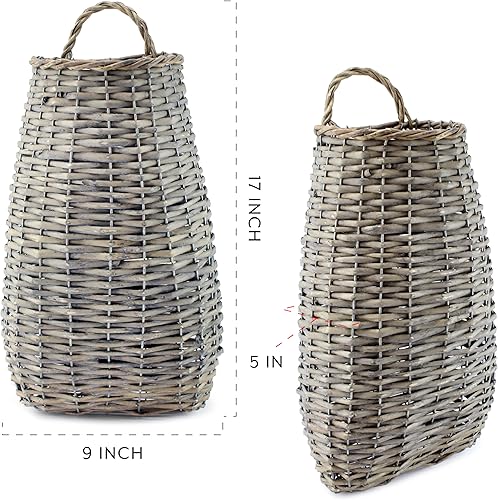 Vista 31 de AuldHome Design Cestas para colgar en la pared (juego de 2, gris); cestas de mimbre tejidas rústicas para puerta color gris lavado, tamaño pequeño