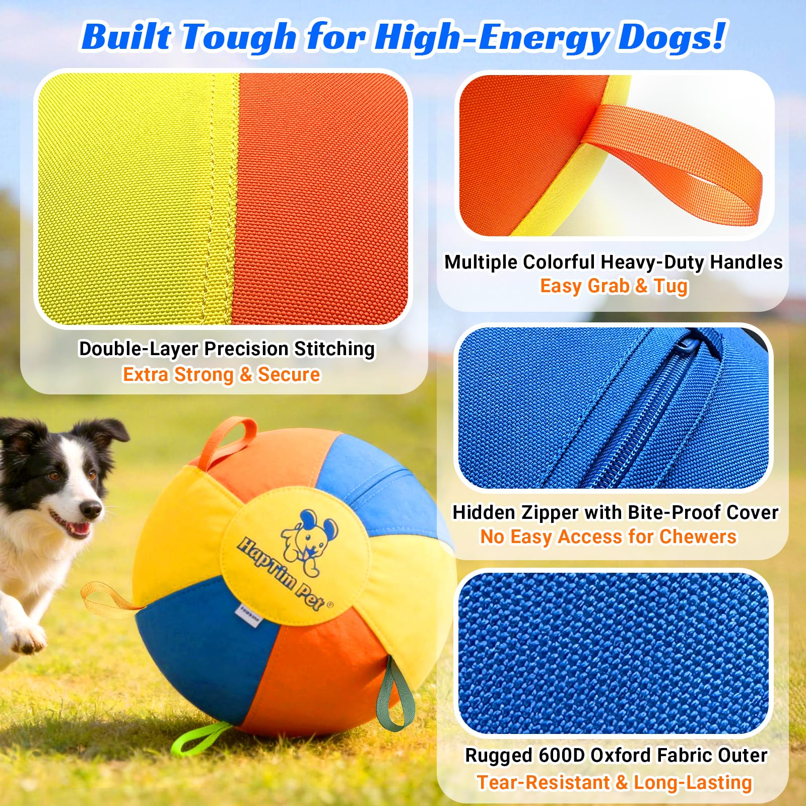 Hap Tim Pelota de pastoreo para perros, pelota interactiva para perros grandes con asas, juguete duradero de entrenamiento al aire libre para perros medianos a grandes, corgis, pastor australiano