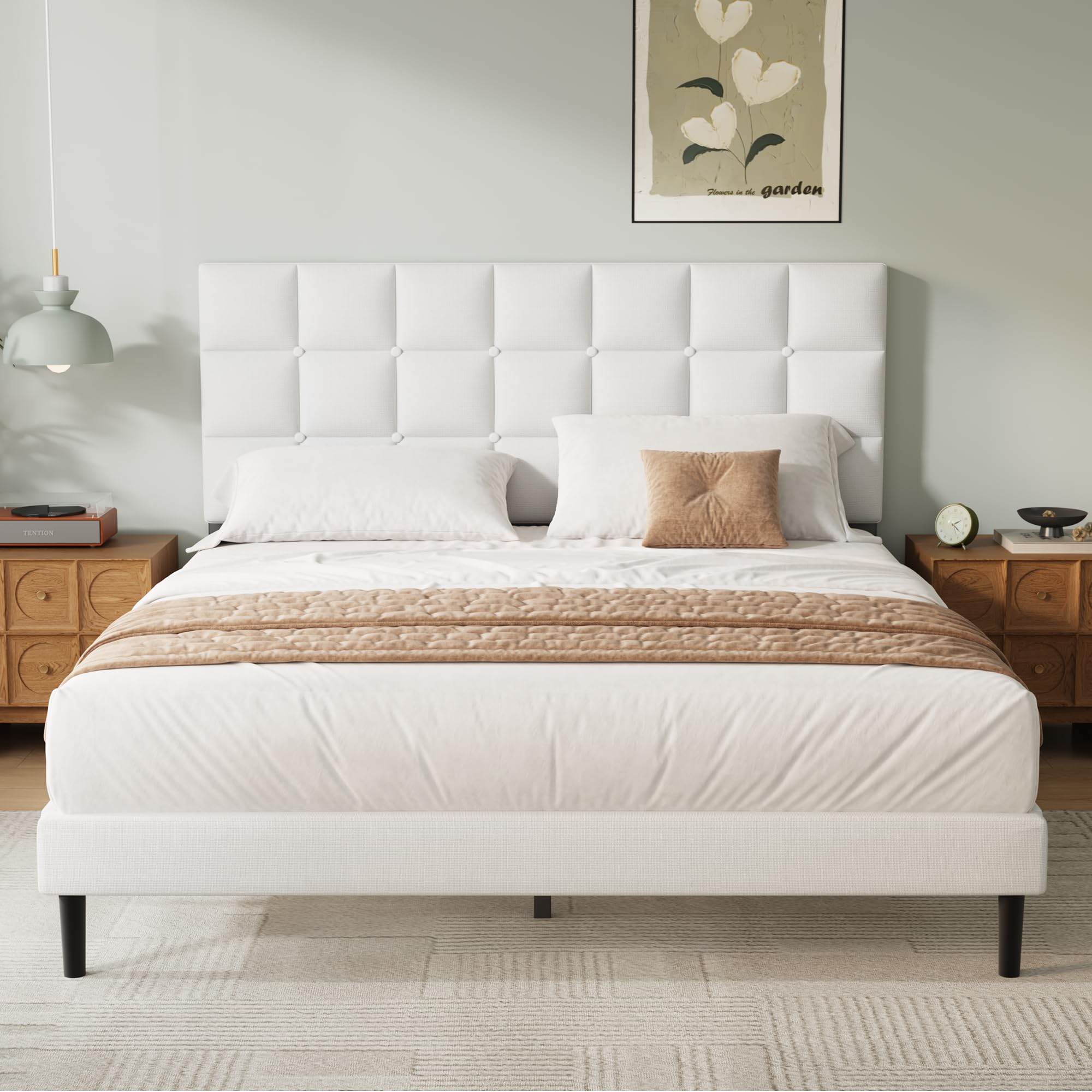 Yocreat Single Bed Frame, Easy Assembly, Sturdy Wooden Slat Support, Upholstered Platform with Headboard, No Box Spring Needed, White Single Bed 90×190 — image 1