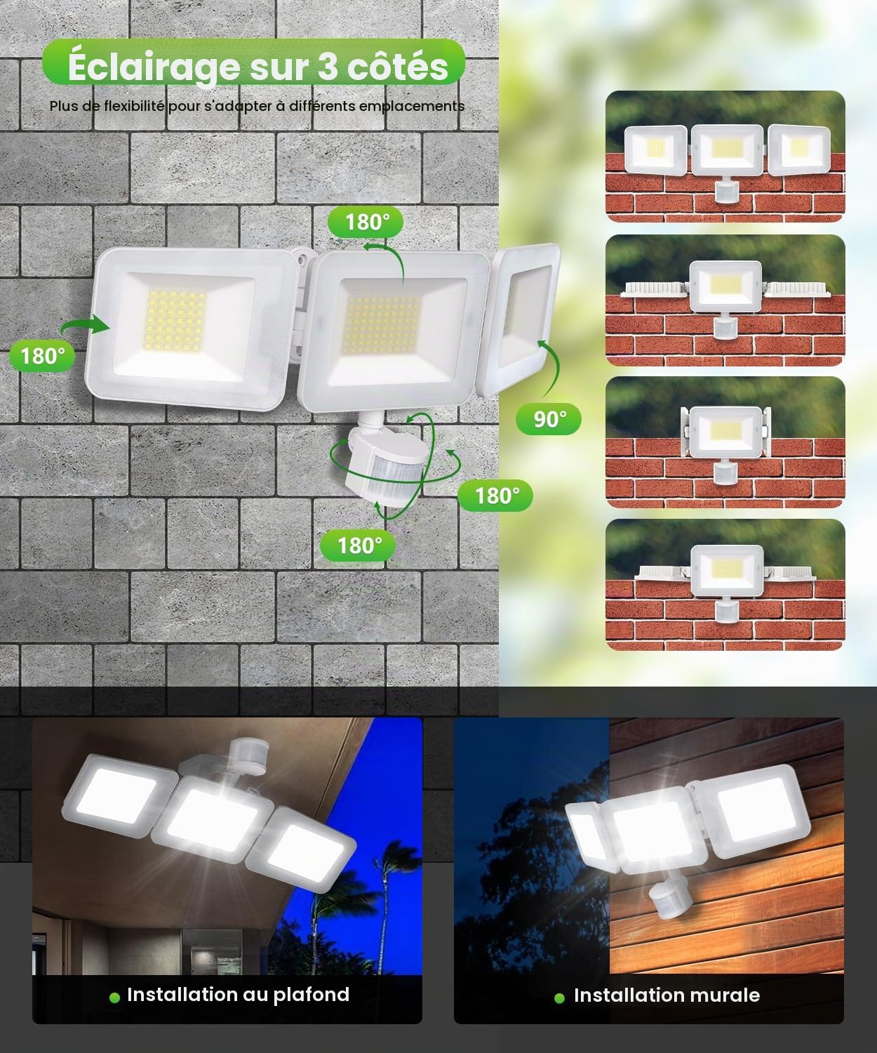 MEIHUA Projecteur Led Exterieur Detecteur Mouvement 100W 9600LM Aluminium | Eclairage Exterieur Avec Detecteur Blanc Froid Spot Led Extérieur Avec Détecteur 4 Modes Minuterie Étanche IP66 Pour Garage