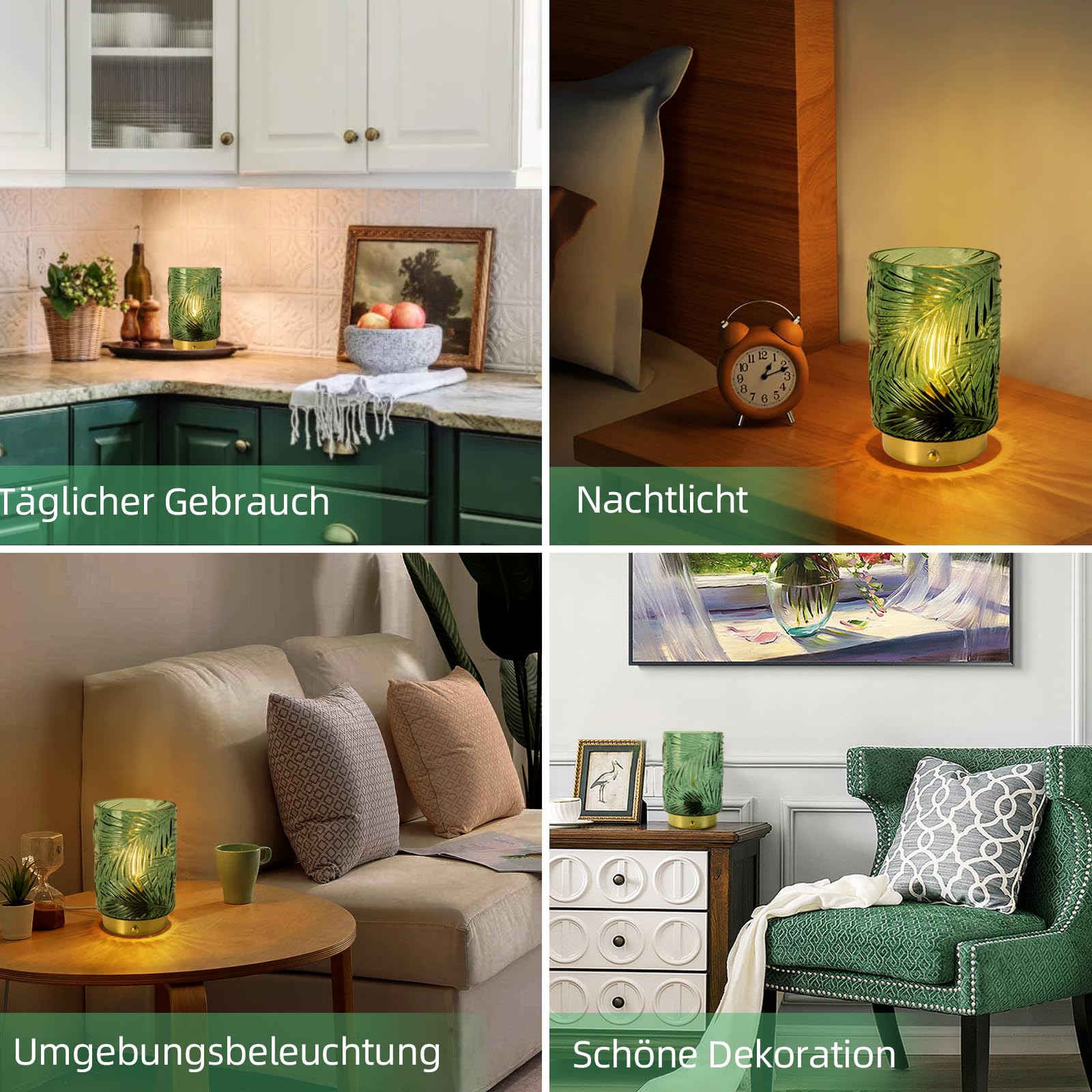 MJ PREMIER Wiederaufladbare Tischlampe Kabellose, Akku LED Tischleuchte mit Touch-Schalter, Dimmbare Tischlampe aus Glas, Dekorative USB Aufladbar Lampe, Notlampe für Stromausfall, (Grün, Mini)