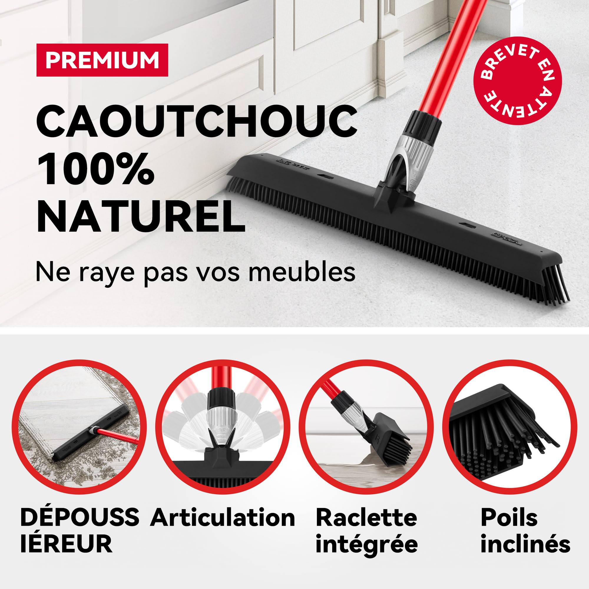 Tyroler Balai Caoutchouc & Raclette Sol | Tête De 41 cm Balai Bross Poils Animaux | Manche Anti-Rouille en 4 Parties de 140 cm pour Balais Coiffeur Caoutchouc Professionnel | Balais Nettoyer Sol