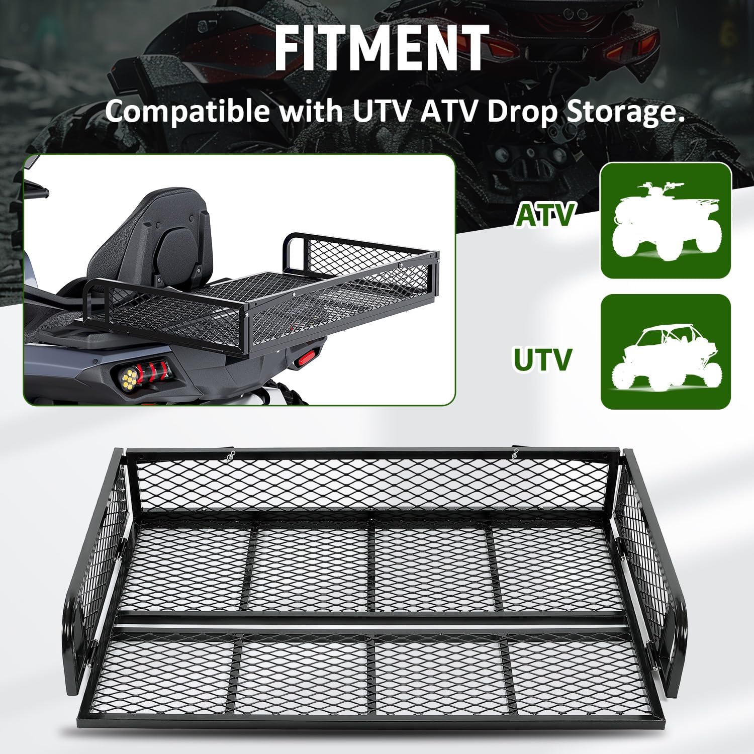 ECOTRIC Rear Cargo Basket Universal ATV UTV Storage Rack Rear Goods Mesh Rack Black Steel