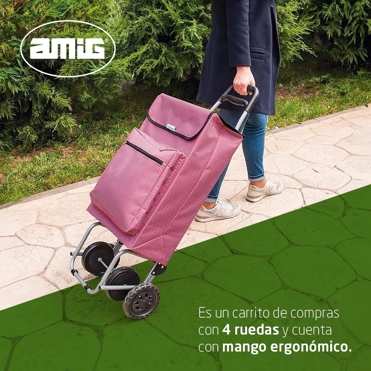 Amig - Carro de la Compra de 4 Ruedas - Bolsillo Exterior para Congelados - Carga Máxima 15kg - Capacidad de 48 litros - 22x40x106 cm - Rojo con Lunares Blancos