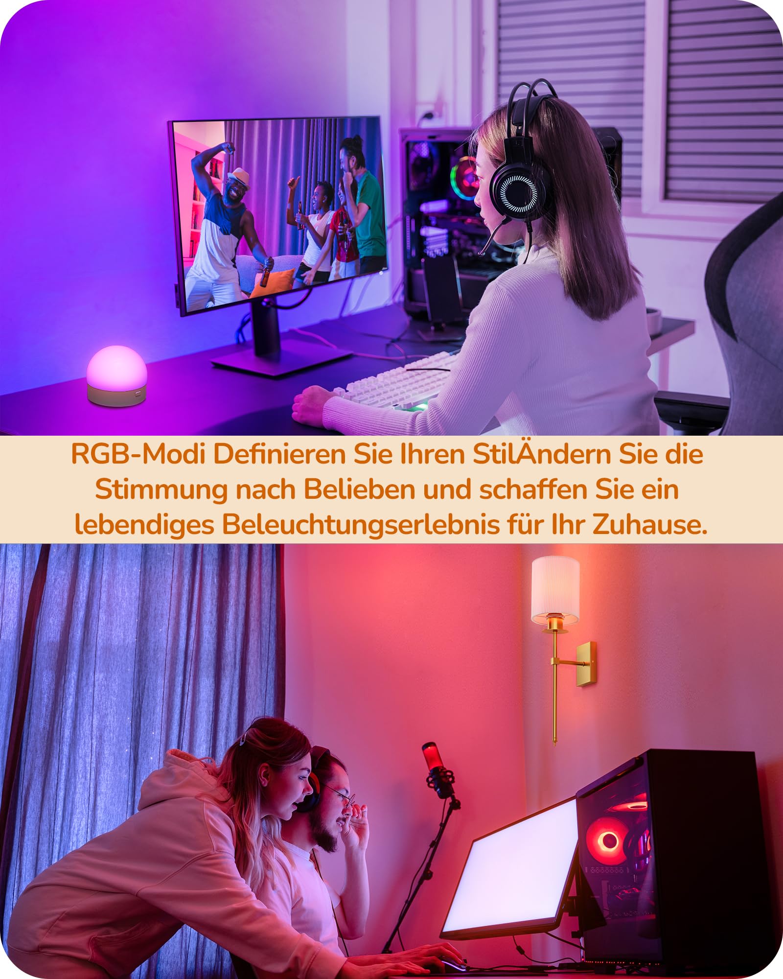 EDISHINE 2er Set Akku Wandleuchte Innen, RGBW LED dimmbar, Weiß & Bronze | E27 inkl. LED, kabellos, USB-C aufladbar, Fernbedienung, 12 Farben, 2 Modi, 3 Farbtemperaturen