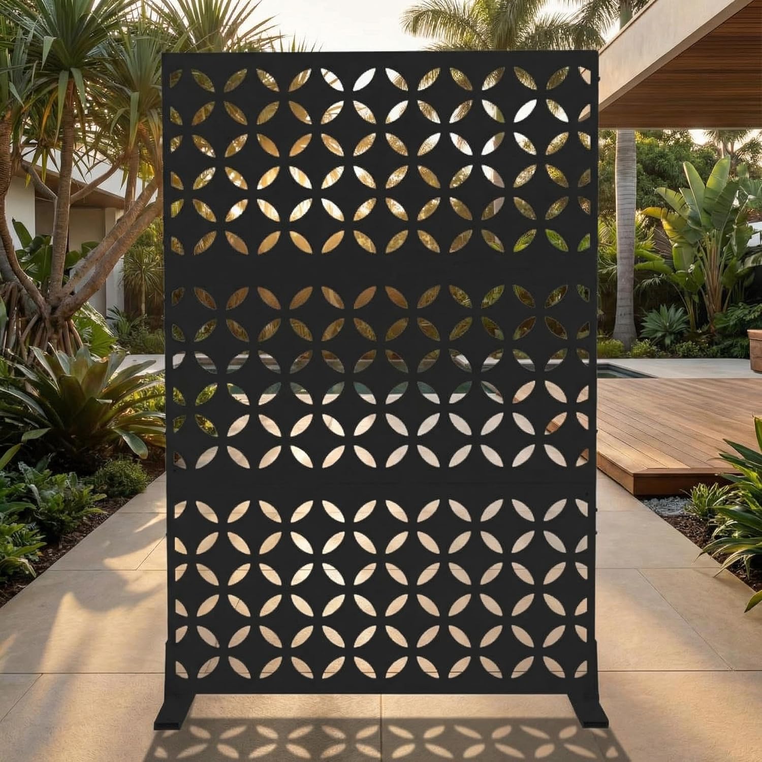 Metal Privacy Screen, Outdoor Freestanding Weather-Resistant Rust-Proof, Coppercoin Laser Cut Decorative Fence Panel Room Divider for Patio Garden Balcony (Black)