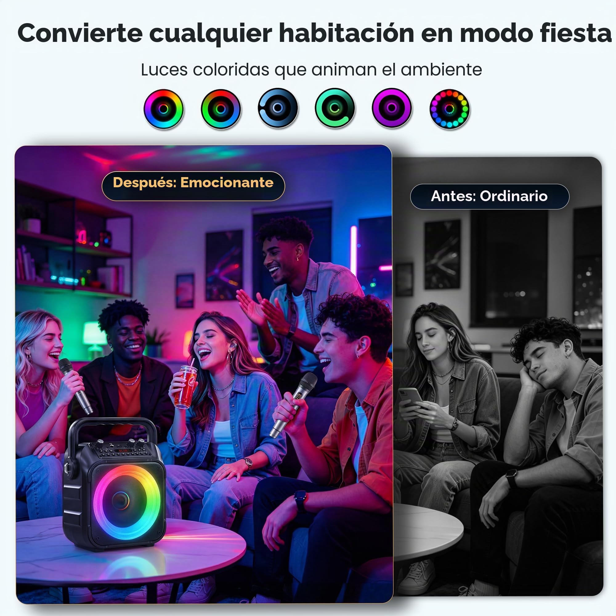 Máquina de Karaoke Singingmate con 2 micrófonos inalámbricos: Altavoz Bluetooth portátil, Multicolor, con conexión USB y AUX, para Adultos y niños, Fiestas y hogar