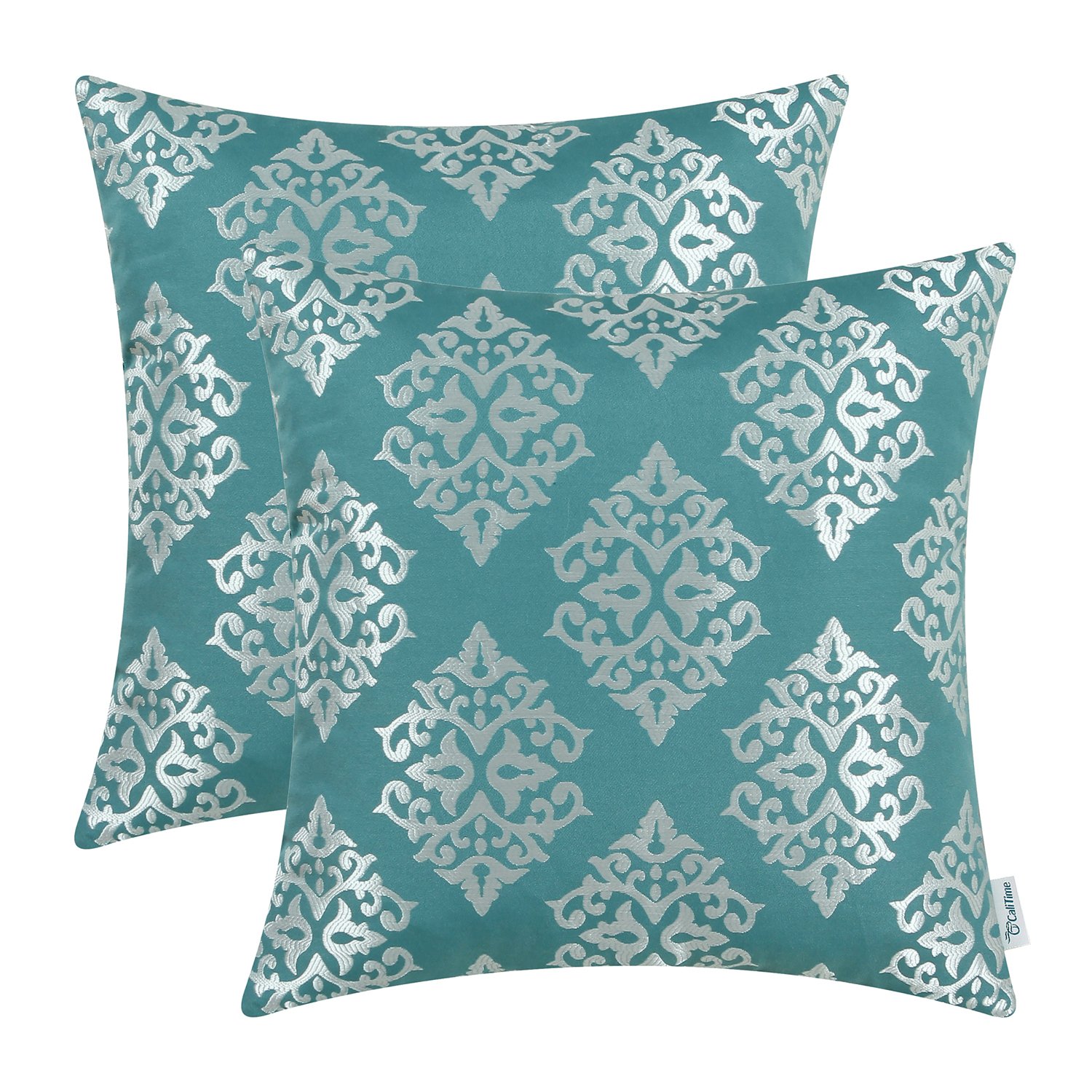 CaliTime Pack of 2 Soft Jacquard Throw Pillow Covers Cases for Couch Sofa Home Decoration Vintage Damask Floral 45cm X 45cm Teal — image 1