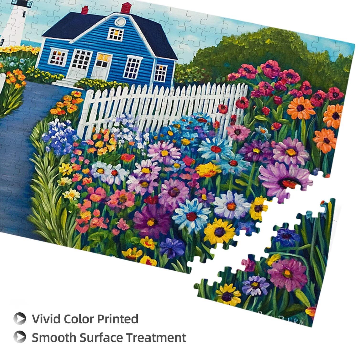 Puzzle dla dorosłych 1100 sztuk, puzzle wiosenne domki, trudne, wymagające, puzzle idealnie pasują, napis na plecach, prezent dla seniorów (87x42cm) v-121