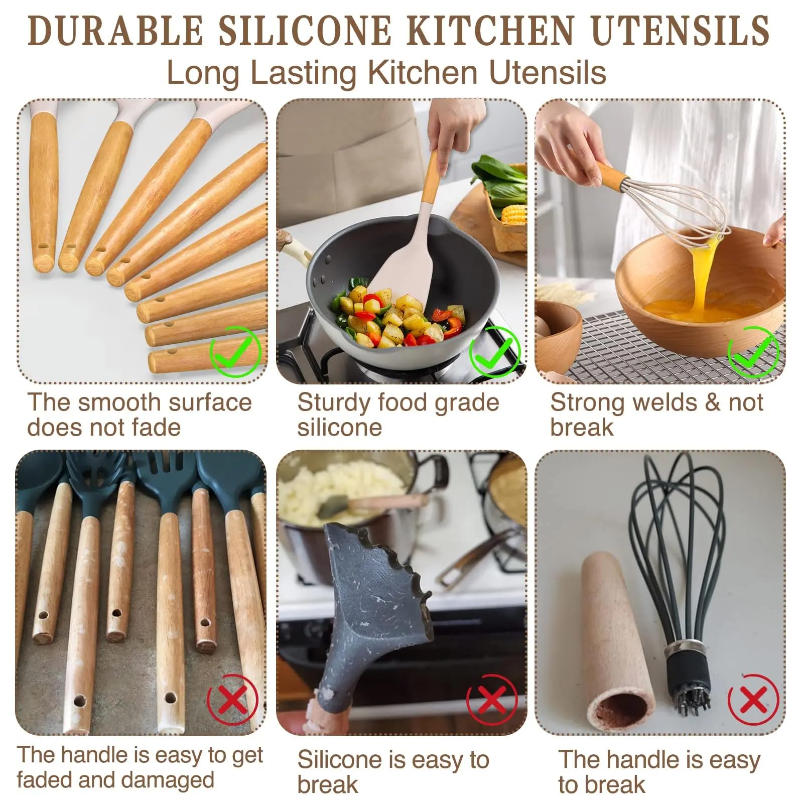 Juego de utensilios de cocina de silicona, 33 piezas, antiadherentes con mango de madera, juego de espátulas de silicona resistentes al calor con soporte (beige)