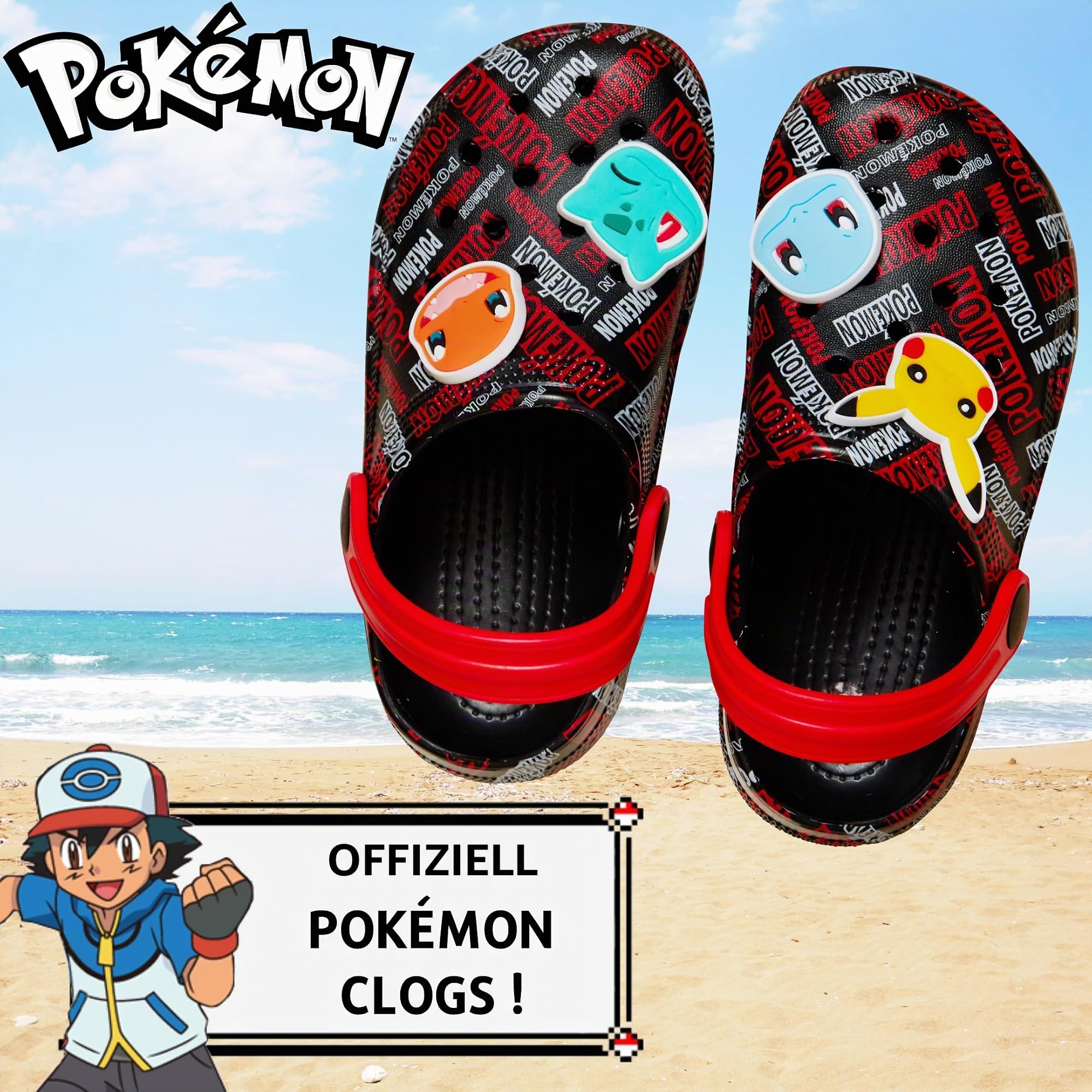 Pokémon Clogs Charms Pokeball, Sandalen für Mädchen und Jungen, Sommerschuhe für Kinder mit Knöchelriemen, Strandschuhe für den Urlaub