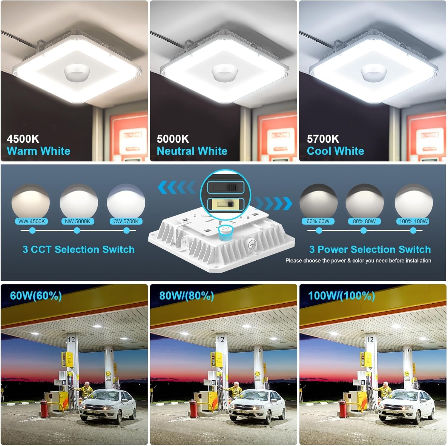 4Pack LED Canopy Light 100W 80W 60W Adjustable, 13500LM 4500K 5000K 5700K CCT Adjustable Carport Lights Outdoor with Photocell, Square Gas Station Carport Ceiling Light for Shop, ETL DLC Listed