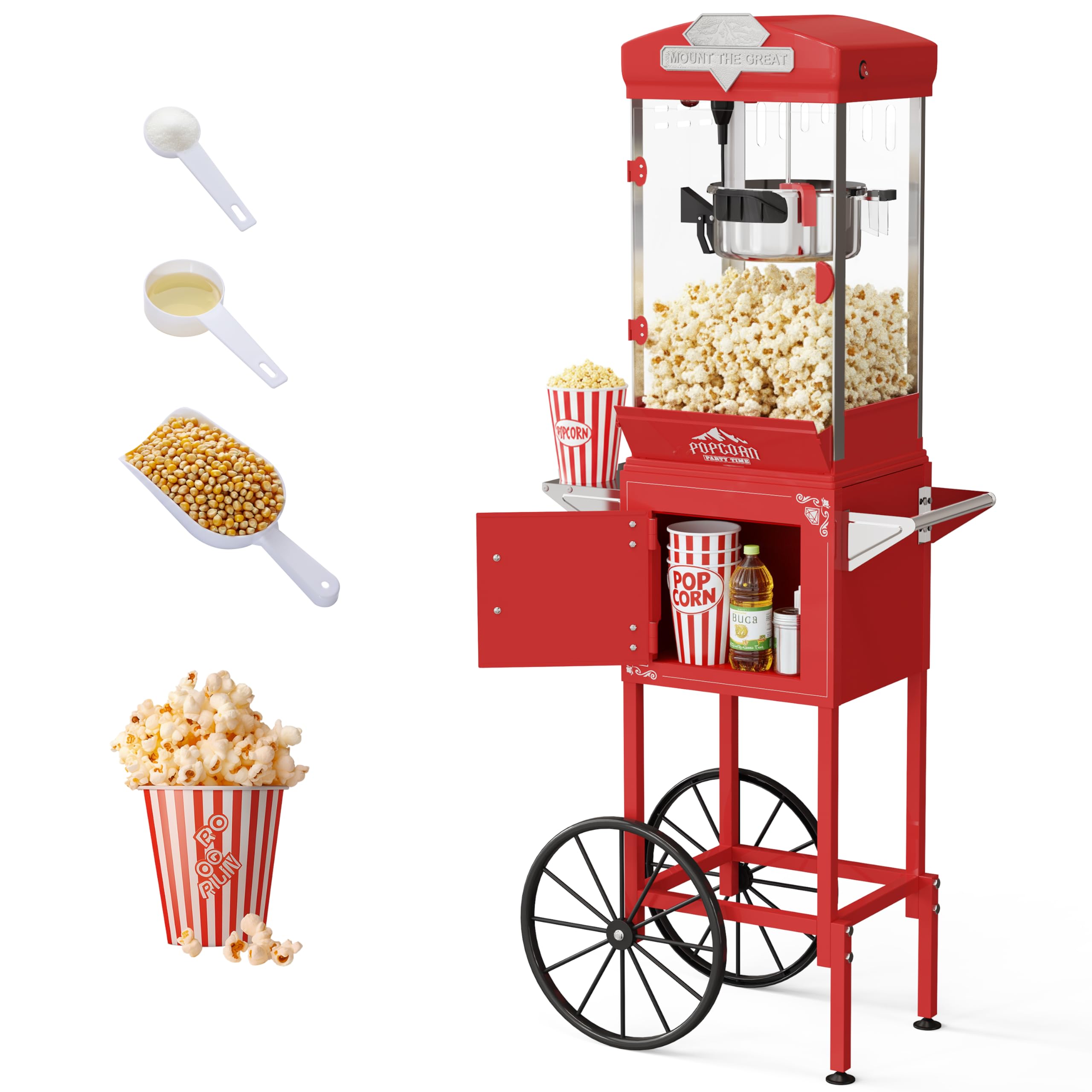 HUGROVE 10oz Popcorn Machine with Cart, 480W Vintage Popcorn Maker for Home Cinema, Professional Stainless Steel Kettle, One-Touch Operation Popper for Game Day (Light Red) (Light Red)