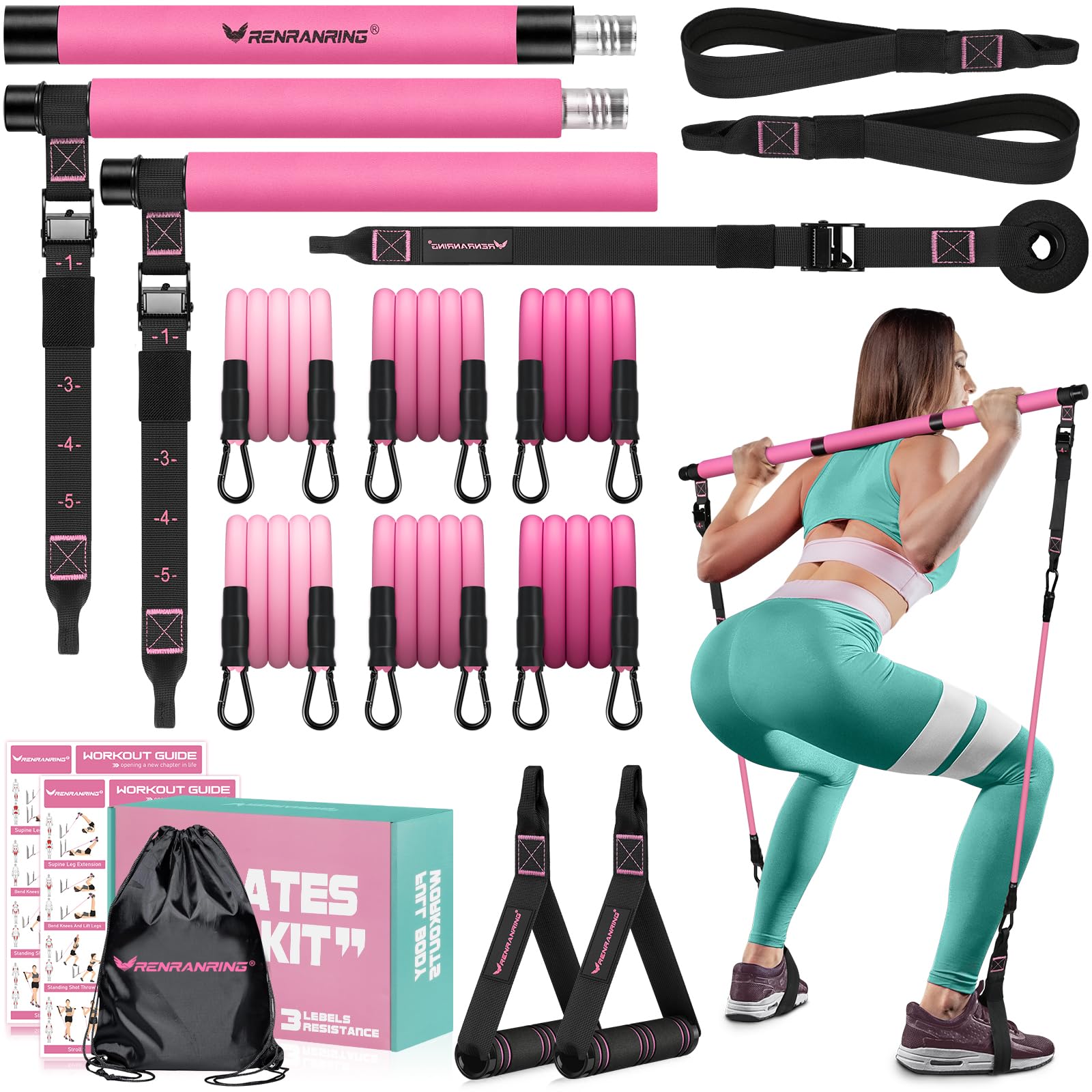 Pilates Bar Kit with Resistance Bands, Multifunctional Yoga Pilates Bar with Heavy-Duty Metal Adjustment Buckle for Women & Men, Home Gym Pilates Resistance Bar Kit forFull Body Workouts