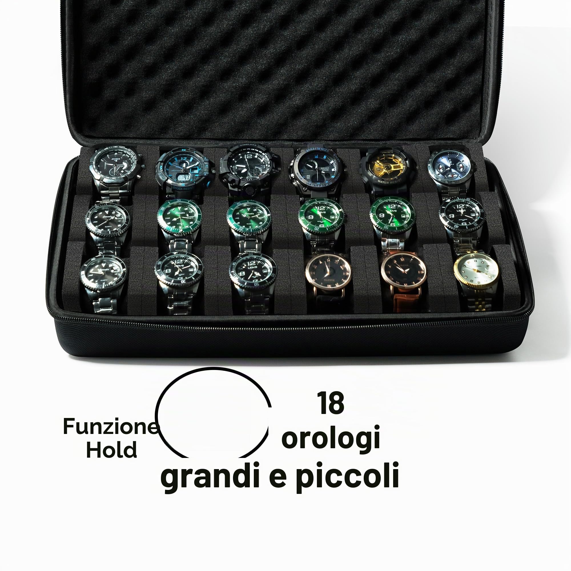 Valigetta rigida da viaggio e da stoccaggio, scatola portaoggetti per orologi per presentazione e organizzazione (18 scomparti imbottiti)