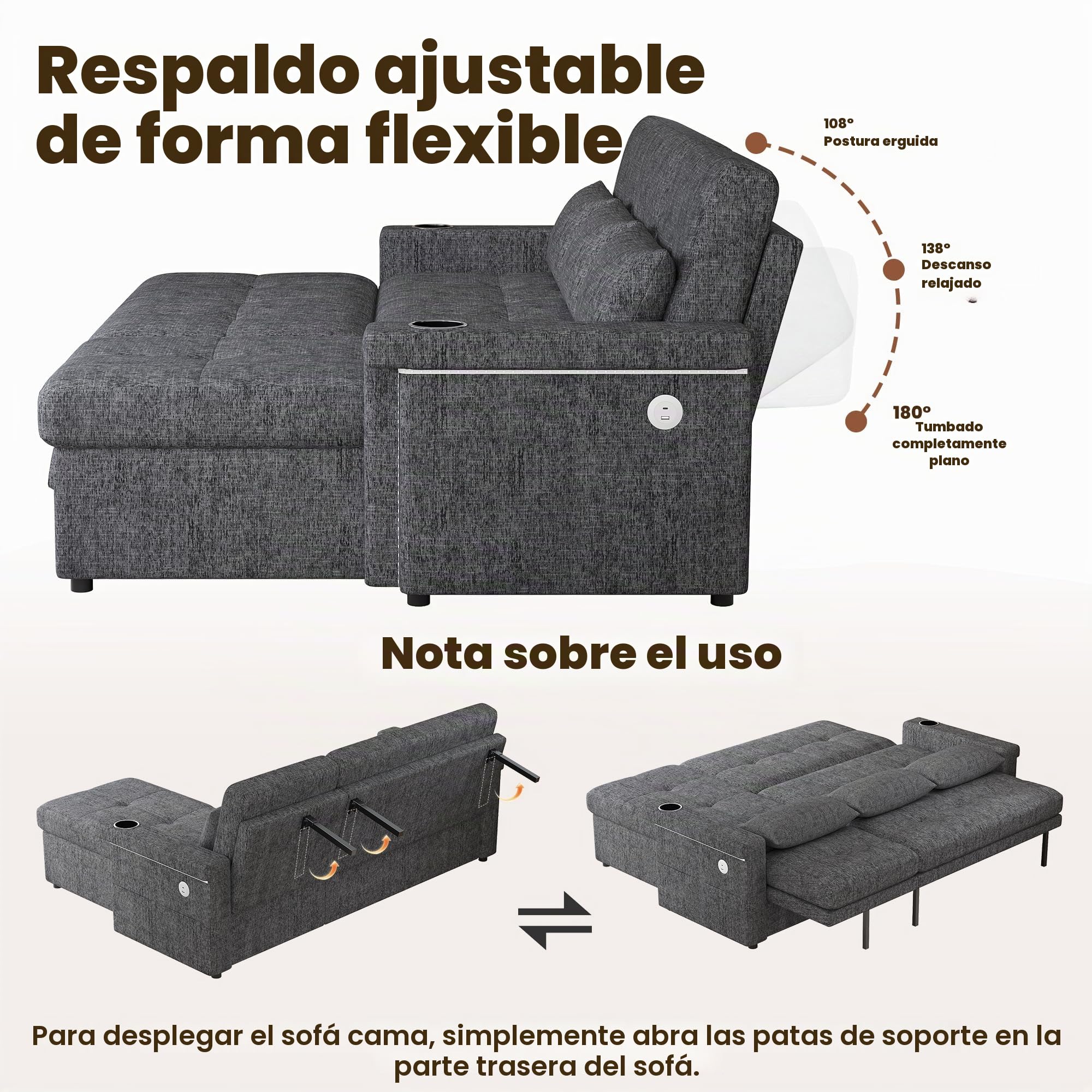 Sofá esquinero en forma de L con función de sueño, con espacio de almacenamiento, sofá de 3 plazas, convertible en sofá cama, con iluminación LED y puertos USB, respaldo ajustable con