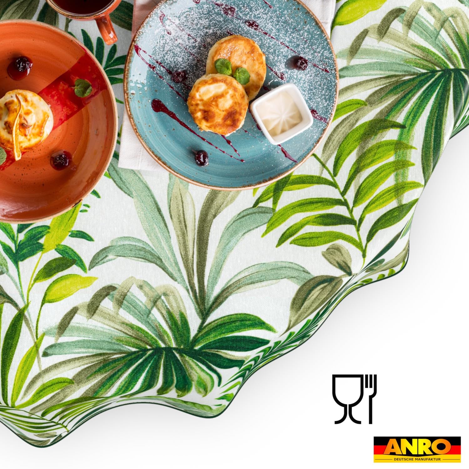 ANRO Tischdecke abwaschbar Palmen Rund 140 cm – wasserabweisend Indoor Outdoor, Lotuseffekt, mit Saum