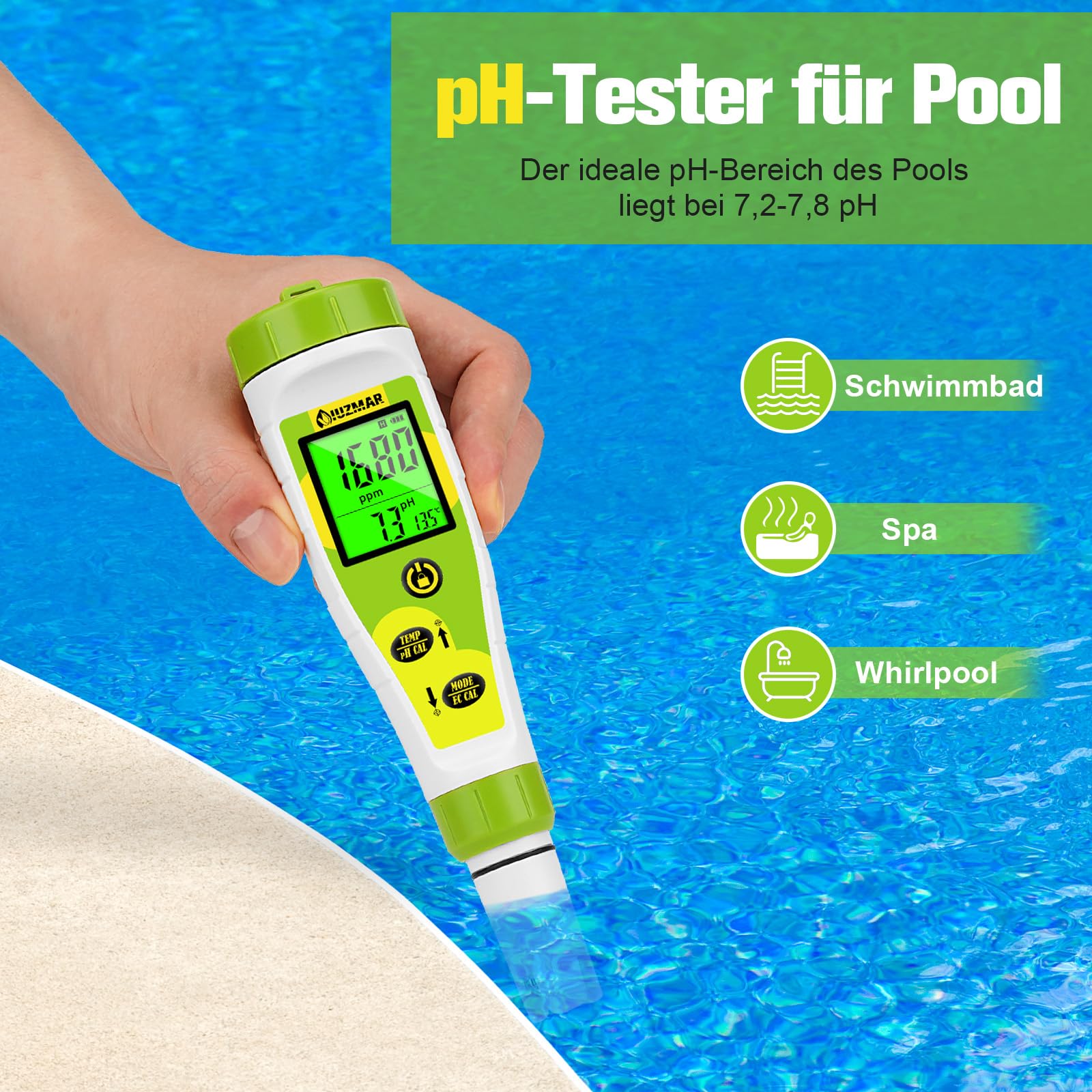 UIUZMAR pH und EC Messgerät Grow, PPM und pH Messgerät für Wasser Hydrokultur Nährstoffe, Messen von pH, PPM, Leitfähigkeit, Temperatur, DWC, 4 IN 1 Digitale pH und EC PPM Wassertester für Pool