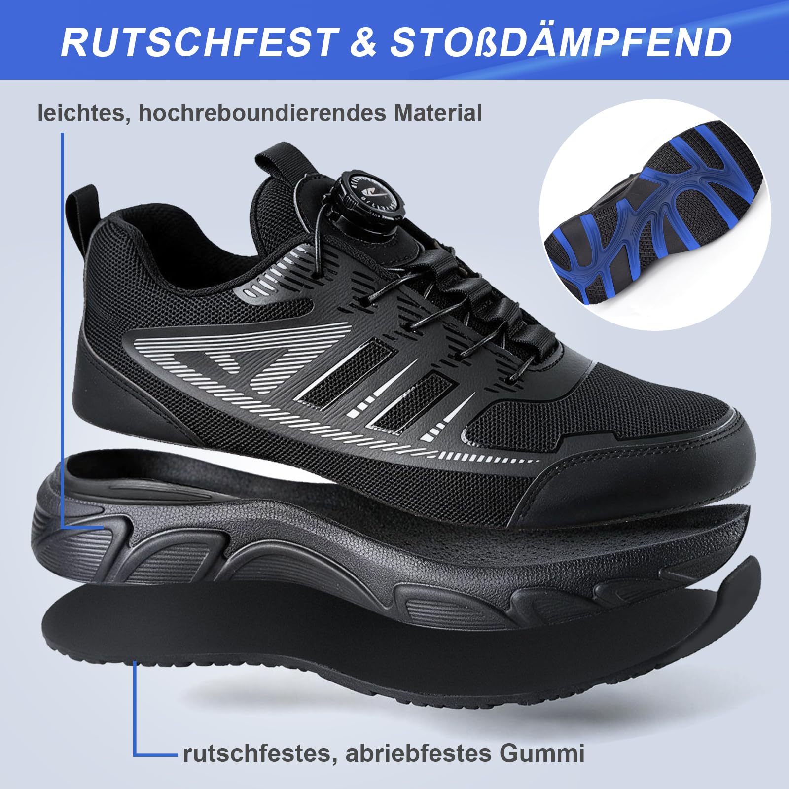 Arbeitsschuhe Herren Sicherheitsschuhe Stahlkappenschuhe mit Drehschnalle Schnürsenkeln rutschfeste Leichte Arbeitsschuhe
