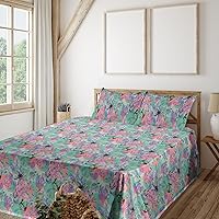 Vista 29 de Ambesonne Forest Sheet Set, Fantasy Jungle Floral Ornaments and Leaves Exotic Print Artwork, Fitted and Flat Sheet with Pillowcases Bedding Accent 4
