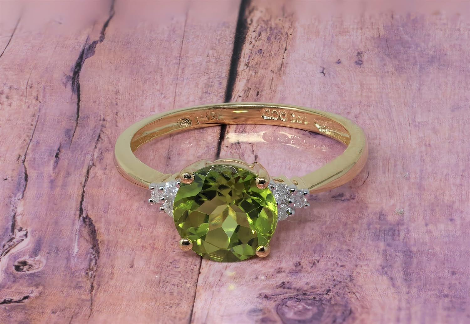 14K Yellow Gold Genuine Peridot 8mm, Diamonds Ring (August Birthstone)