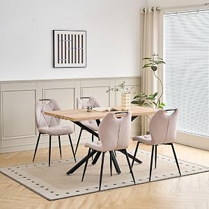 Juego de Comedor Mesa y Sillas – Mesa de Comedor Rectangular con 4 Sillas de Comedor (Tapizado en Tela de Lino con Asas) – Ideal para Cocina, Comedor (Madera Clara+4*Sillas Caqui)