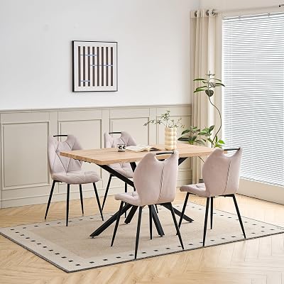 Juego de Comedor Mesa y Sillas – Mesa de Comedor Rectangular con 4 Sillas de Comedor (Tapizado en Tela de Lino con Asas) – Ideal para Cocina, Comedor (Madera Clara+4*Sillas Caqui)