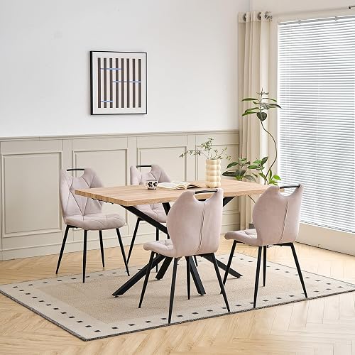 Juego de Comedor Mesa y Sillas – Mesa de Comedor Rectangular con 4 Sillas de Comedor (Tapizado en Tela de Lino con Asas) – Ideal para Cocina, Comedor (Madera Clara+4*Sillas Caqui)