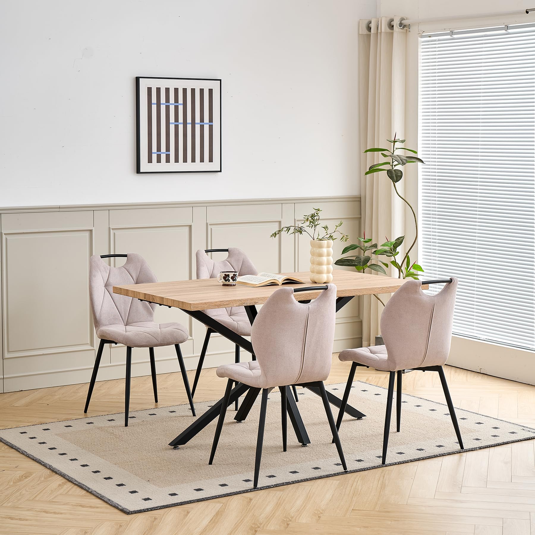 Juego de Comedor Mesa y Sillas – Mesa de Comedor Rectangular con 4 Sillas de Comedor (Tapizado en Tela de Lino con Asas) – Ideal para Cocina, Comedor (Madera Clara+4*Sillas Caqui)