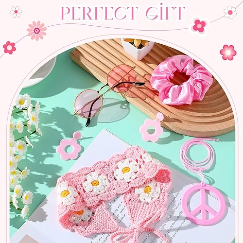 Miniatura 4 de Remuuly 5 piezas de accesorios hippie de los años 60 y 70 para mujer, diadema de punto de flores, trajes retro de los años 70, disfraz hippie