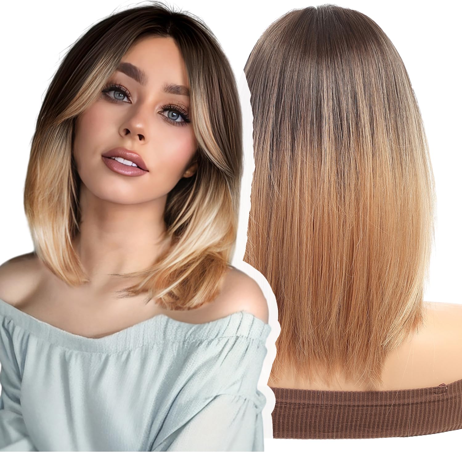 WOKESTAR Bob Wig with Fringe Short Ombre Champagne Blonde Color Wigs for Women Bob Style Synthetic Heat Resistant Bob Wigs