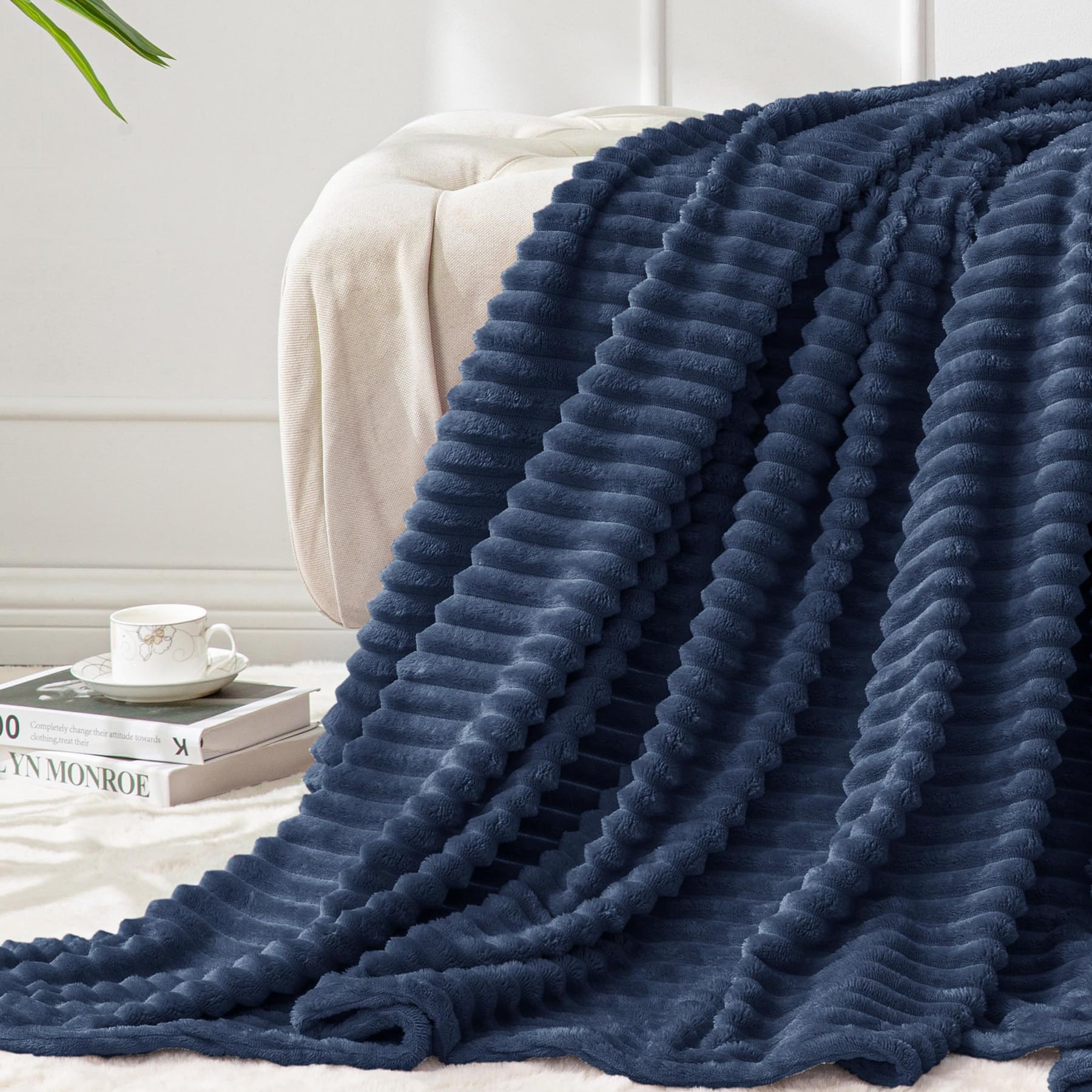 BEDELITE 3D Ribbed Jacquard Navy Fleece Twin Blanket for Couch, 60x80 Inch | Soft Warm Fluffy Blanket for Bed Sofa College Dorm Room Decor, Luxury Cozy Plush Birthday Gifts for Women Girls, Lightweight
