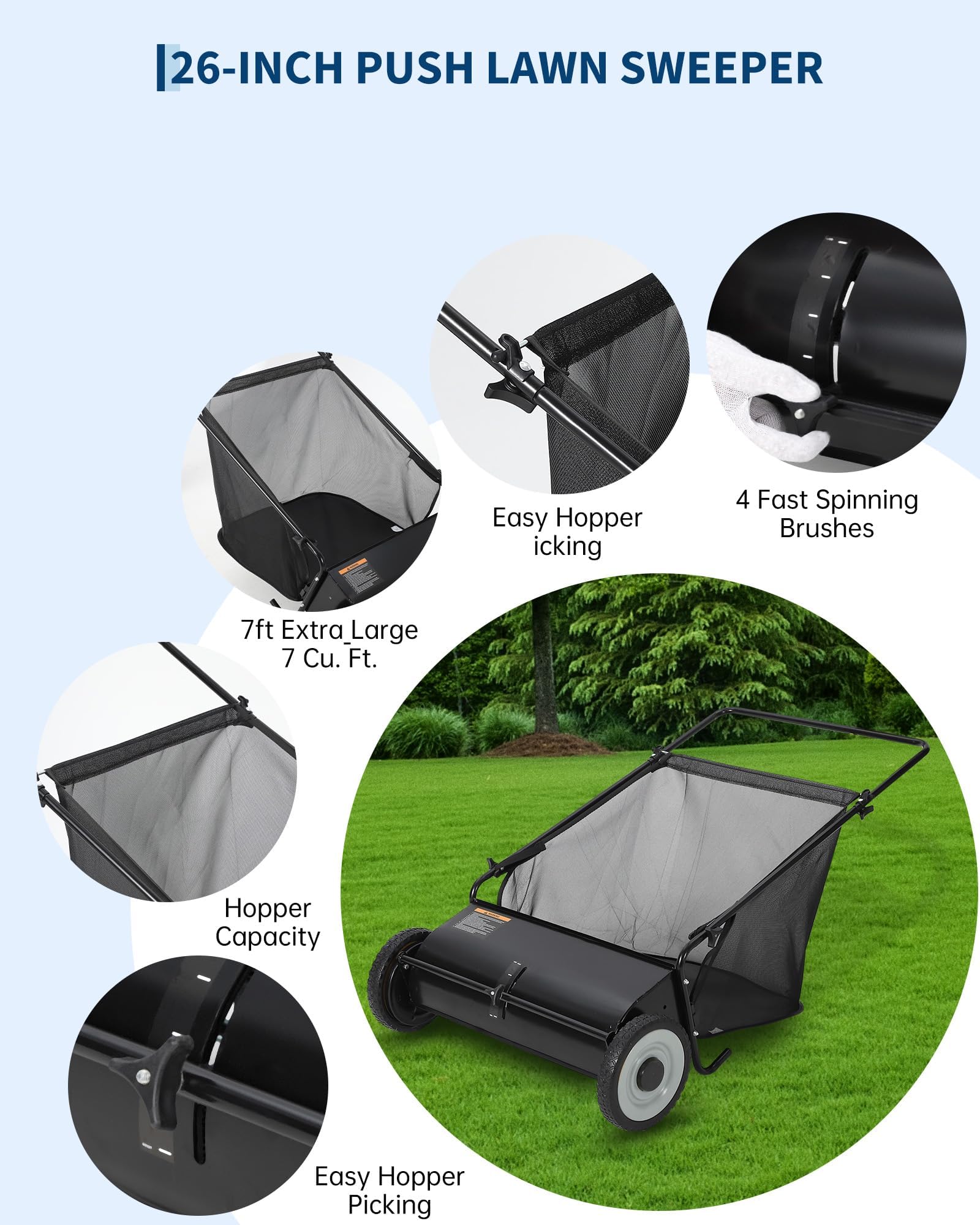 Garvee Barredora de Césped Manual de 53 cm, Recogedor de Hojas de Acero con Altura Ajustable, Limpiador de Empuje para Jardín y Patio, Bolsa de Gran Capacidad, Acabado Integral en Color Negro