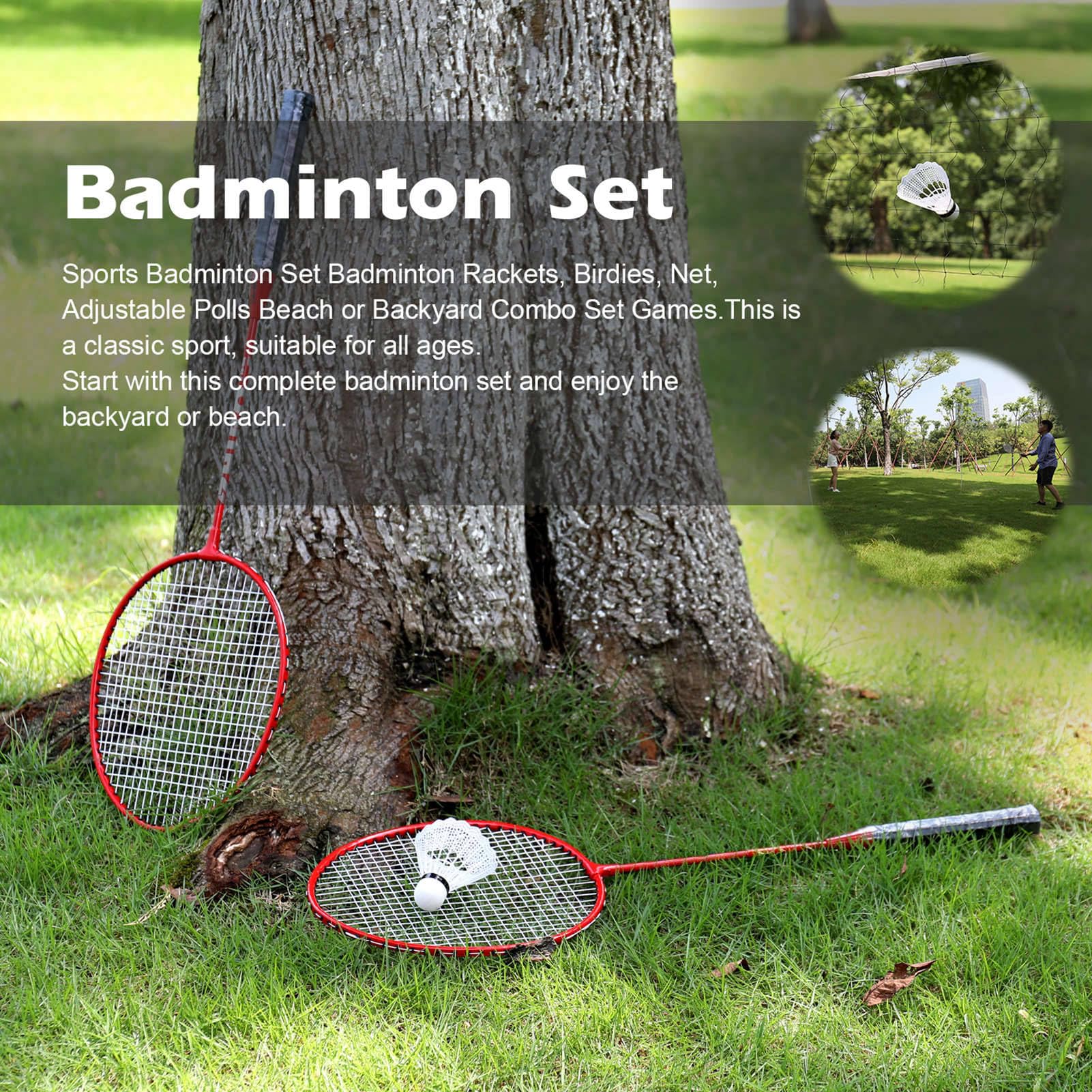HUIOP Sports badminton zestaw rakiety do badmintona, ptaki, siatka, regulowane polki plażowe lub podwórkowe zestaw do gry combo, rakiety do badmintona