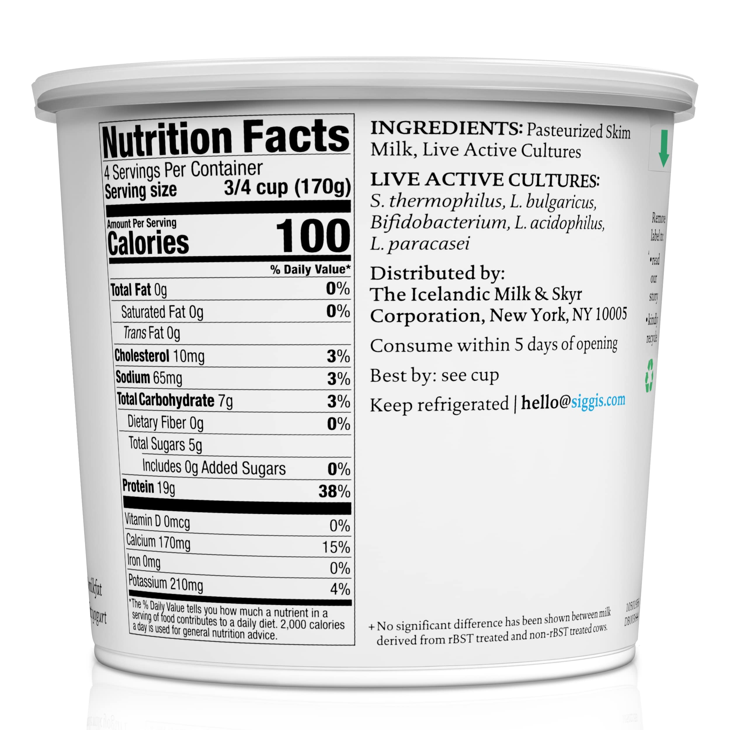 siggis Icelandic Strained Nonfat Yogurt Plain 24 oz Multiserving Container Thick Protein-Rich Yogurt Snack — view 3