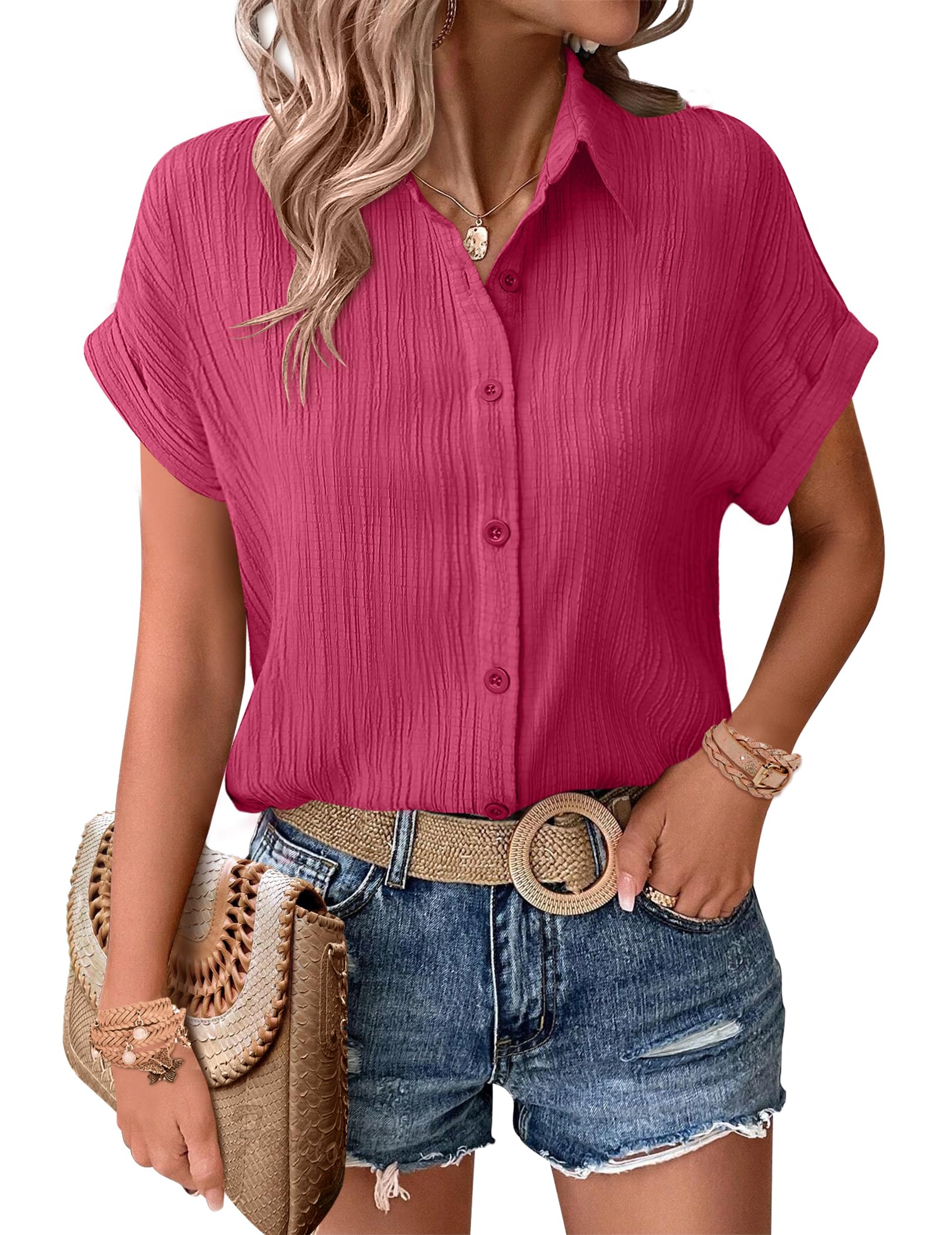 Zeagoo Camicetta da donna a maniche corte casual con bottoni, camicia da lavoro estiva con colletto testurizzato