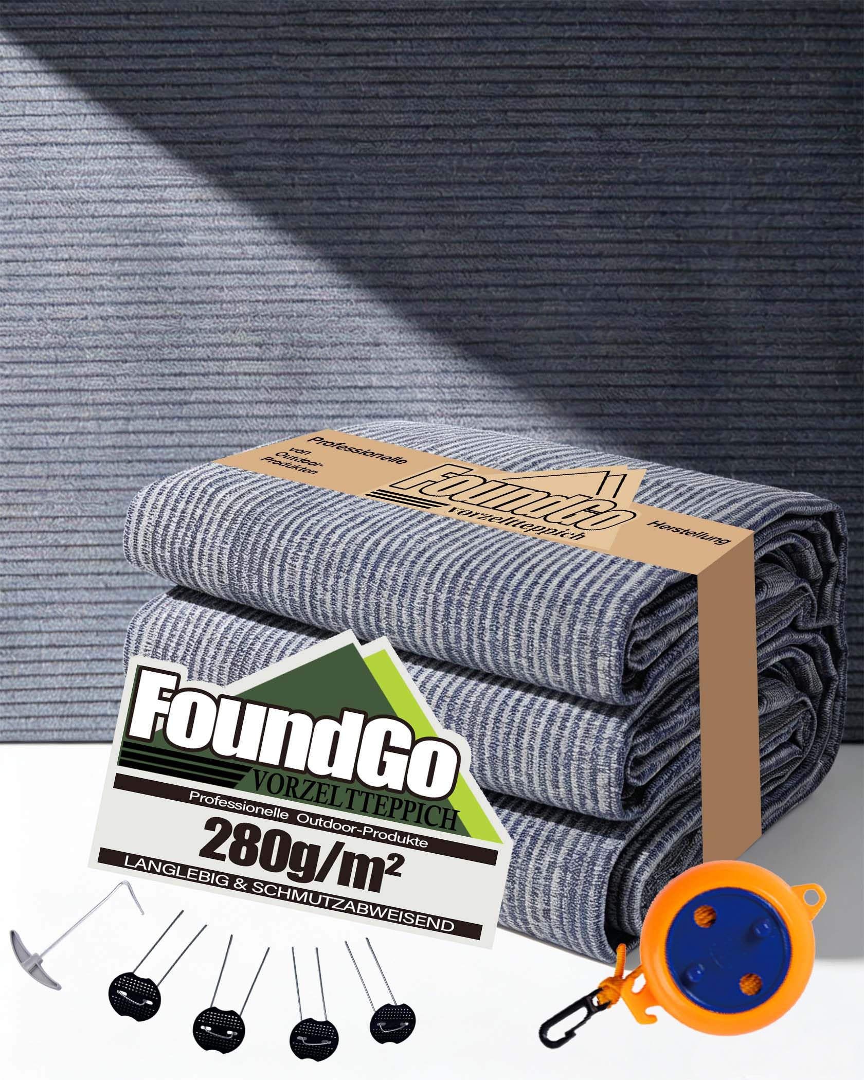 FoundGo Awning Carpet with Eyelets [280g/m² HDPE] Outdoor Camping Carpet Breathable Awning Flooring Including Carrying Bag 8X pegs & Clothesline