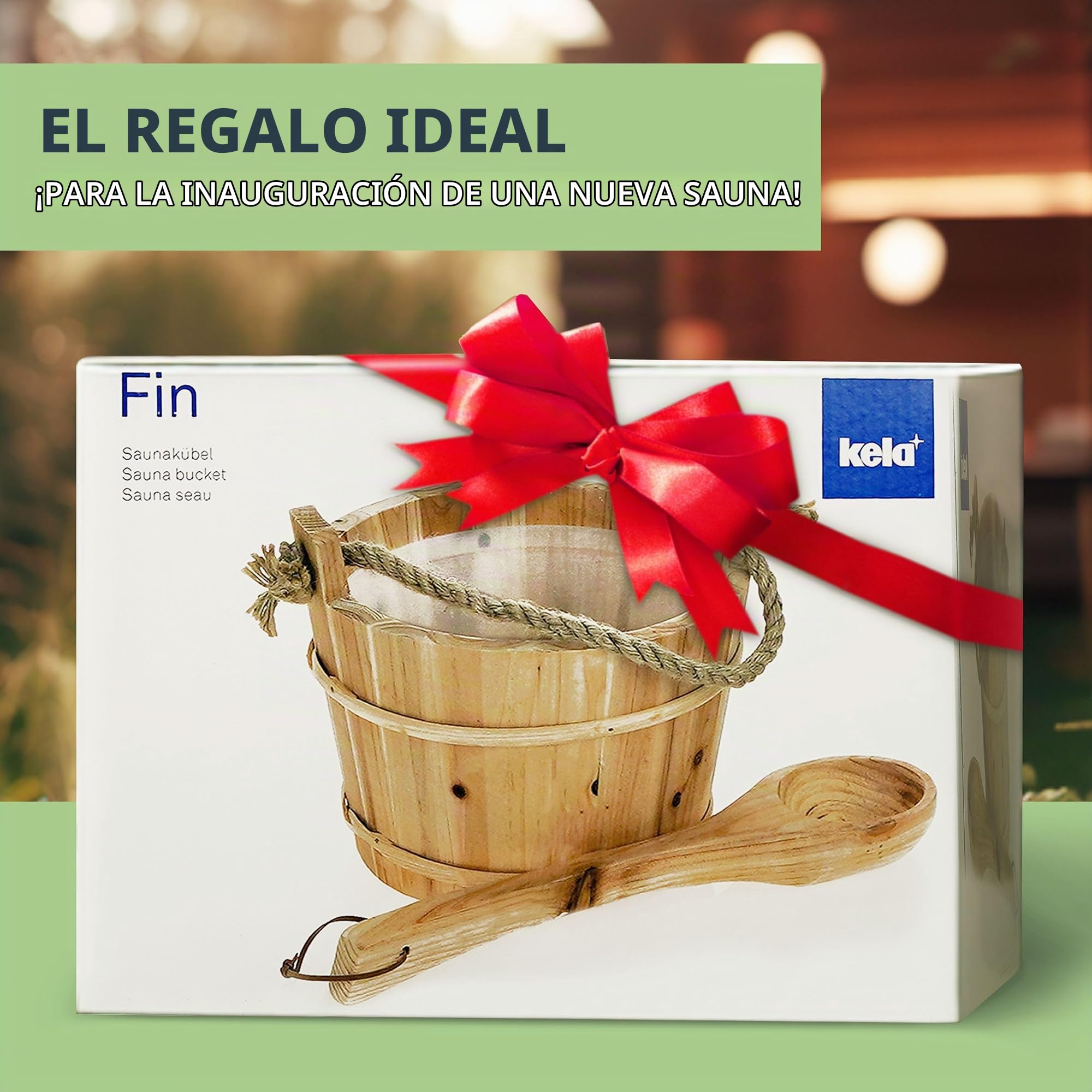 Kela - Set Cubo de sauna y cazo de madera de pícea 26 x 21 cm