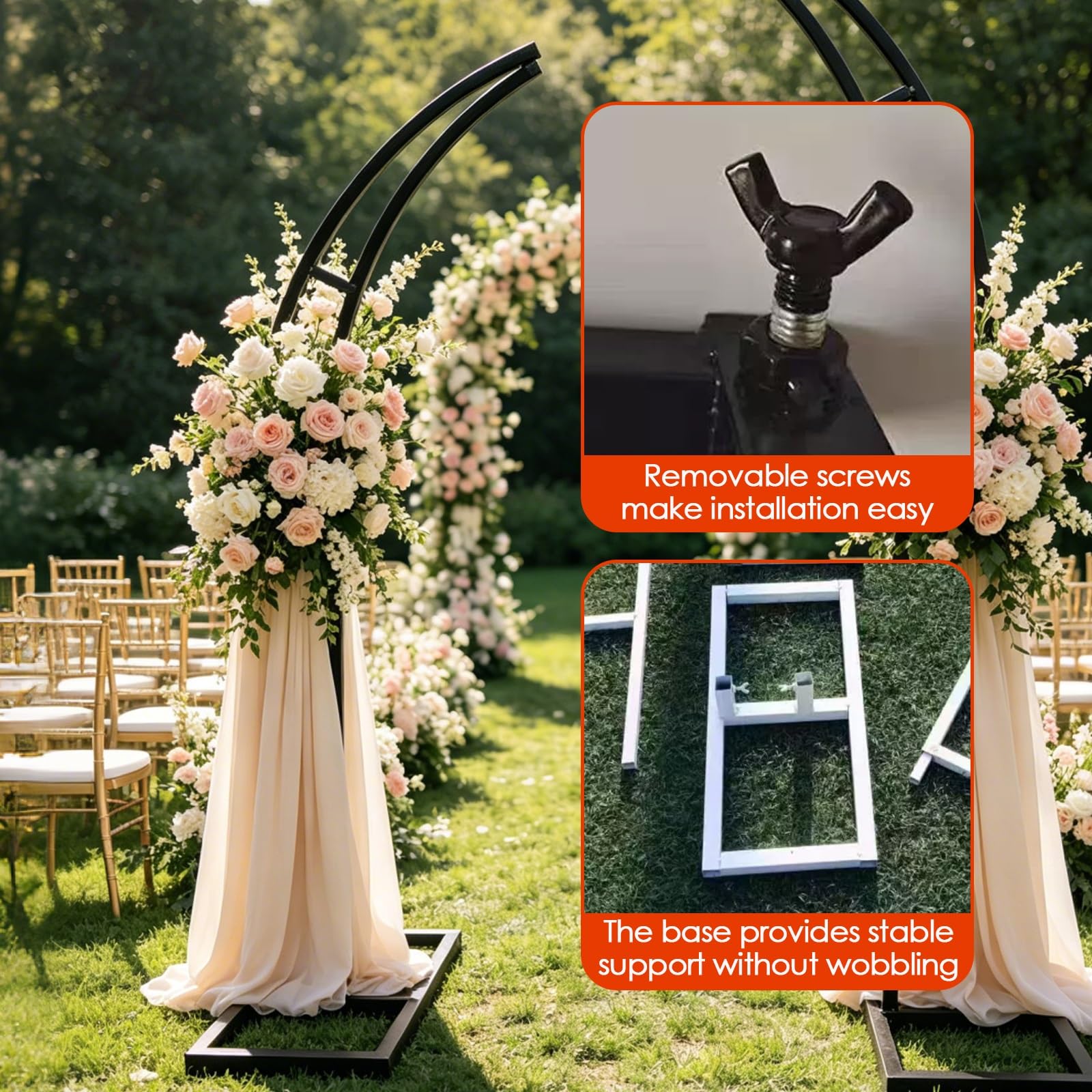 Stojak na łuk ślubny, wytrzymałe, podwójne, zakrzywione tło z podstawą, altana ogrodowa do dekoracji ceremonii ślubnej, solidna i elegancka konfiguracja wydarzeń