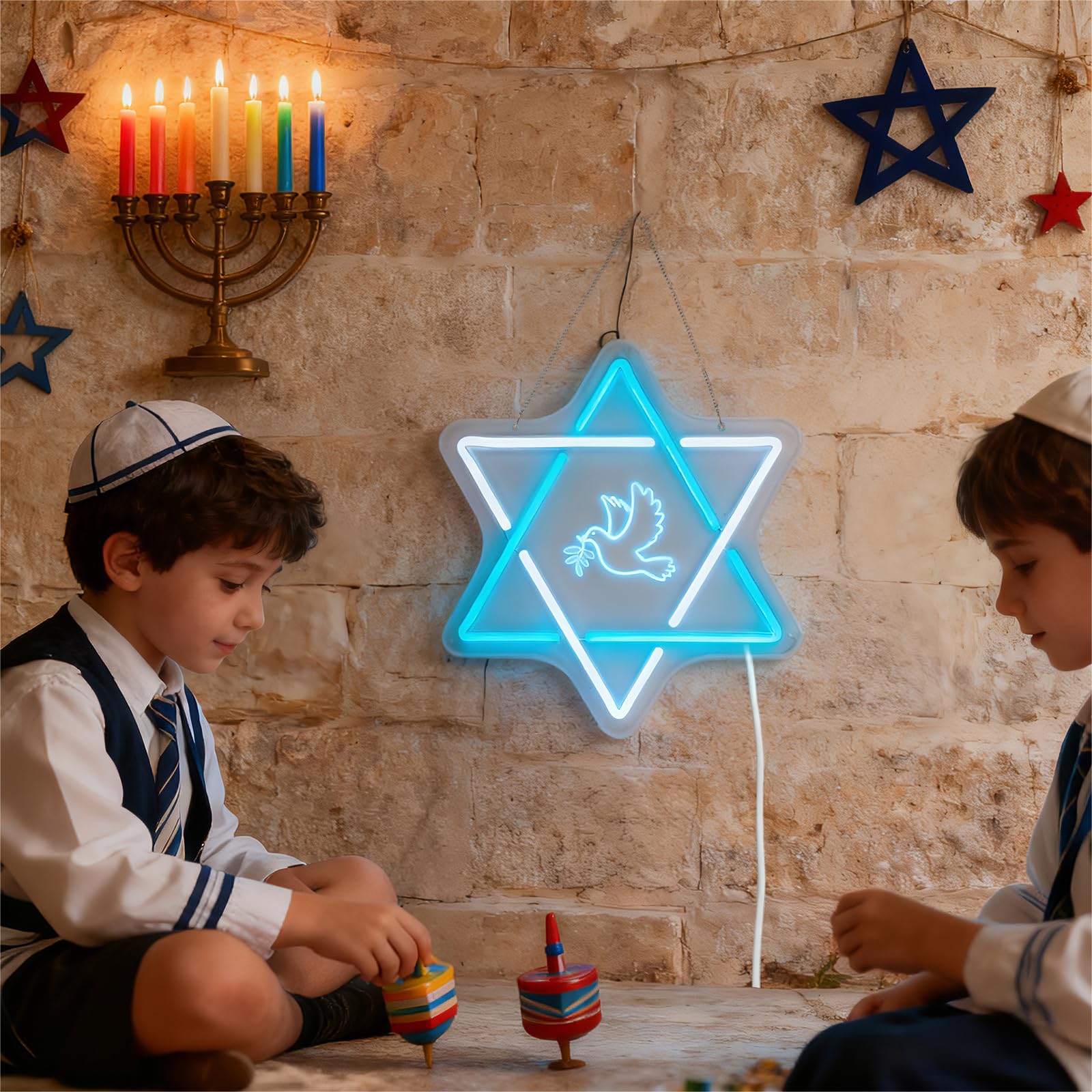 Star of David Hanukkah - Insegna al neon a LED, decorazione per la casa, decorazione da parete Happy Hanukkah, alimentata tramite USB, regalo per le vacanze della Menorah ebraica in camera da letto