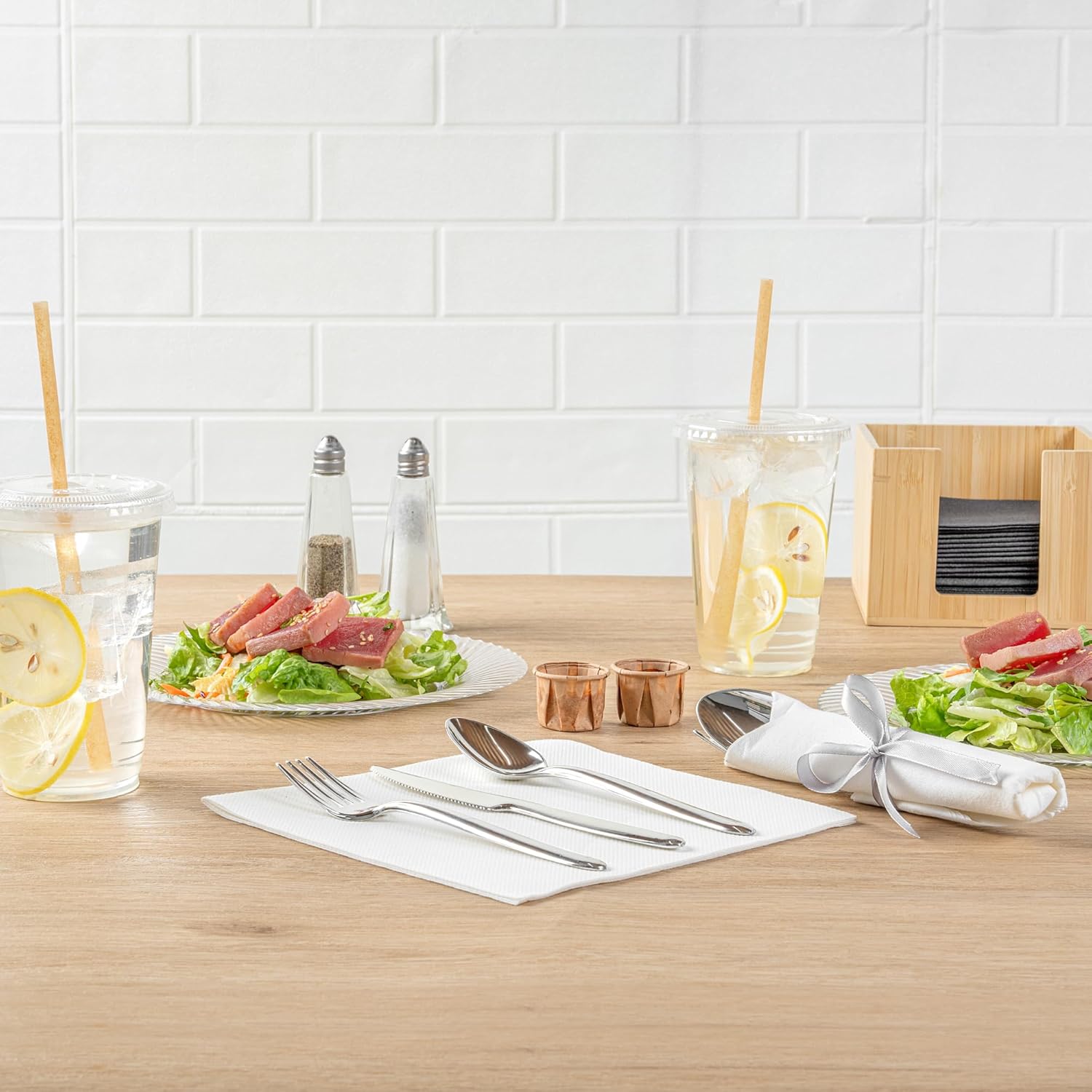 Moderna Silver Plastic Cutlery Set - with White Napkin, Silver Ribbon - 7 1/4" x 2" x 1 3/4" - 100 count box